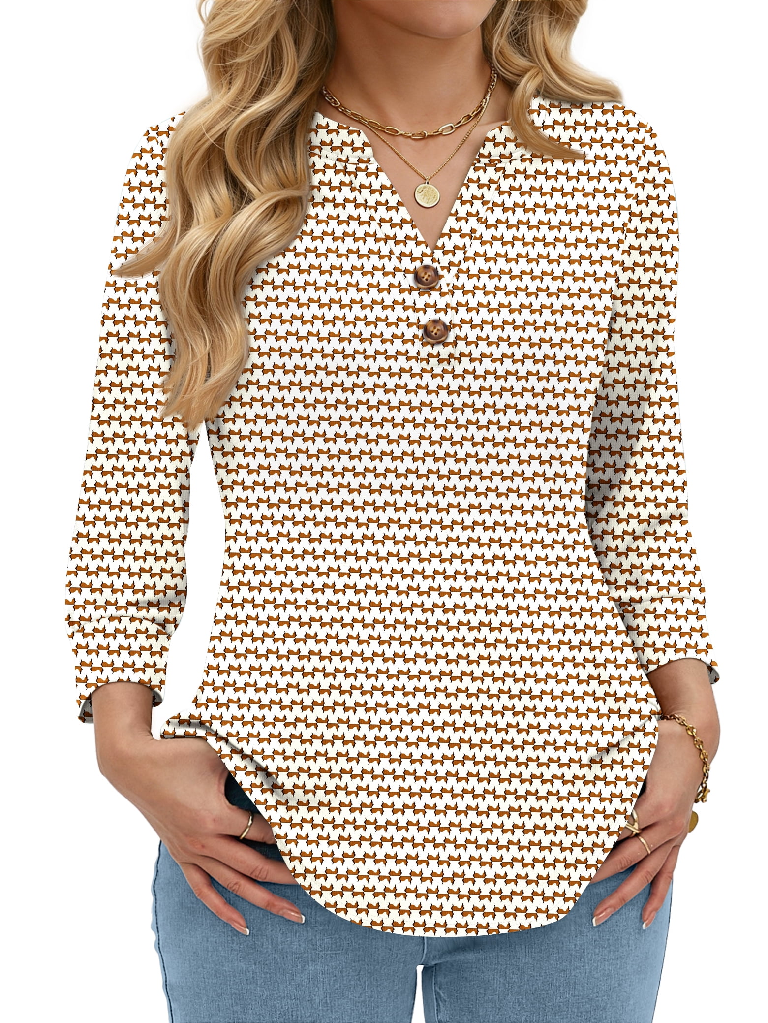 Fantaslook Womens V Neck Henley Blouse 3/4 Sleeve Dressy Casual Top (White, L) gyauw