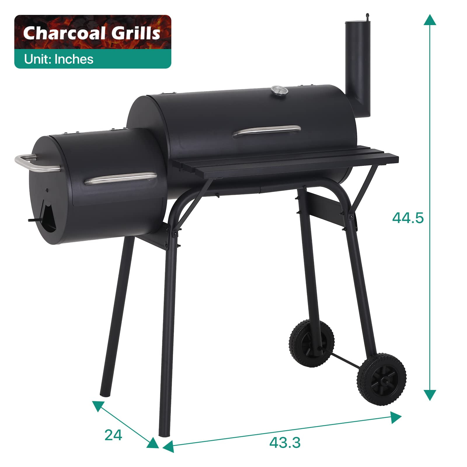 NiamVelo Charcoal Grill Offset Smoker with Cover, Portable Outdoor BBQ Grill for Backyard Camping (Black, 43.3 in x 24 in x 44.5 in) bjag9