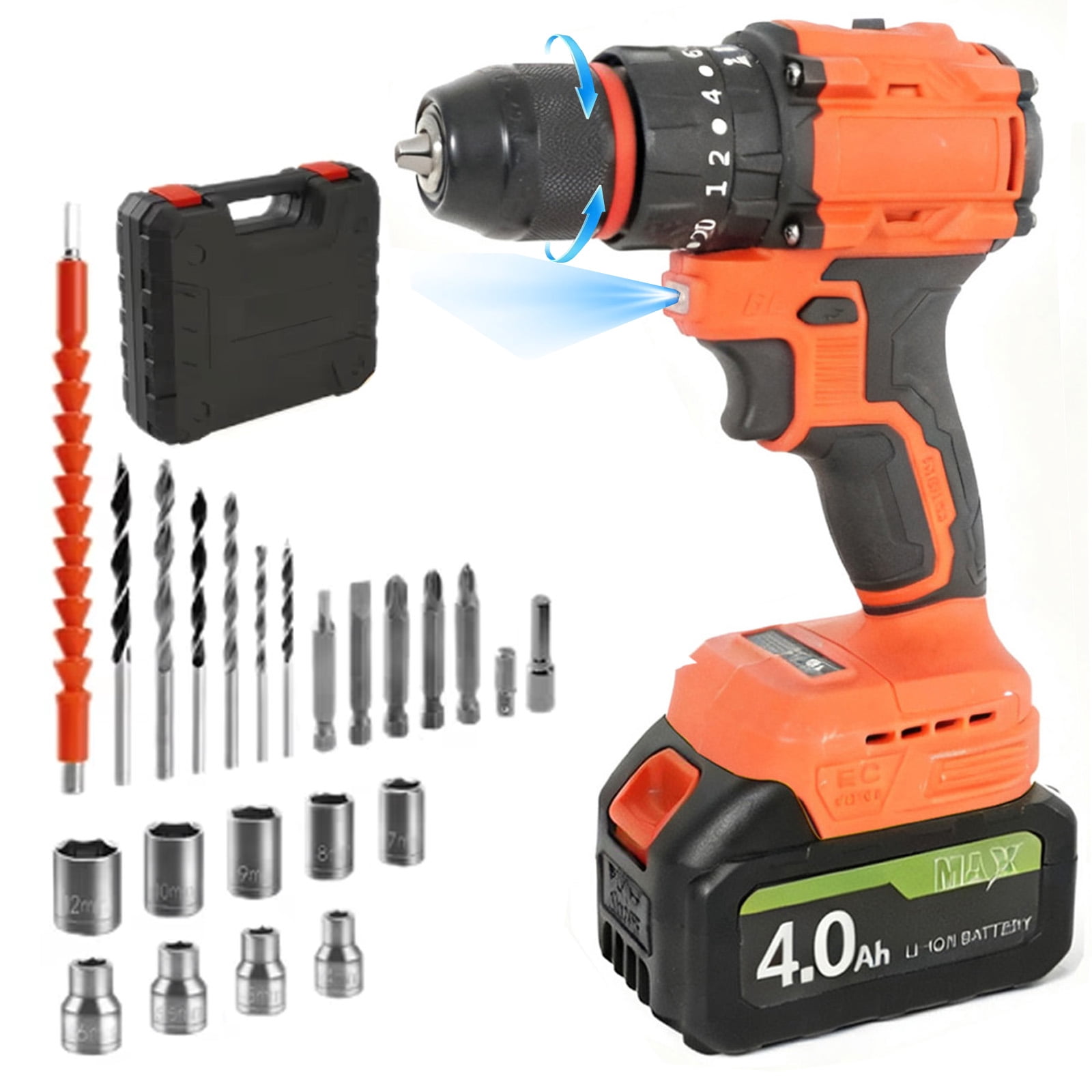 Susuzi 48V Cordless Power Drill Set with 34-Piece Accessory Kit, 2-Speed Variable Control, 3/8 in Keyless Chuck, and LED Work Light (3.8 lb) djc62