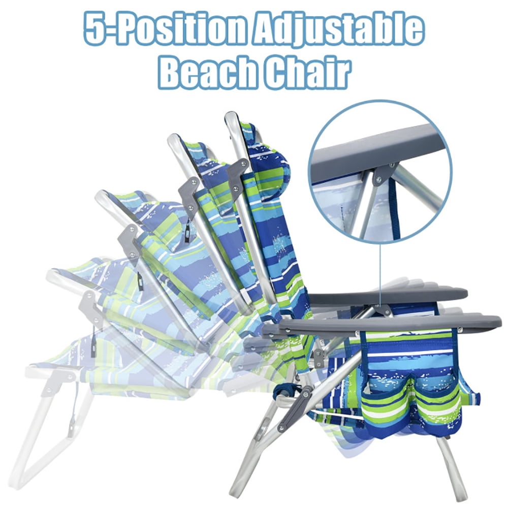 Demifill 2-Pack Folding Backpack Beach Chair, 5-Position Adjustable Reclining Outdoor Lawn Chair with Storage (Blue, 2-Pack) 7t15c