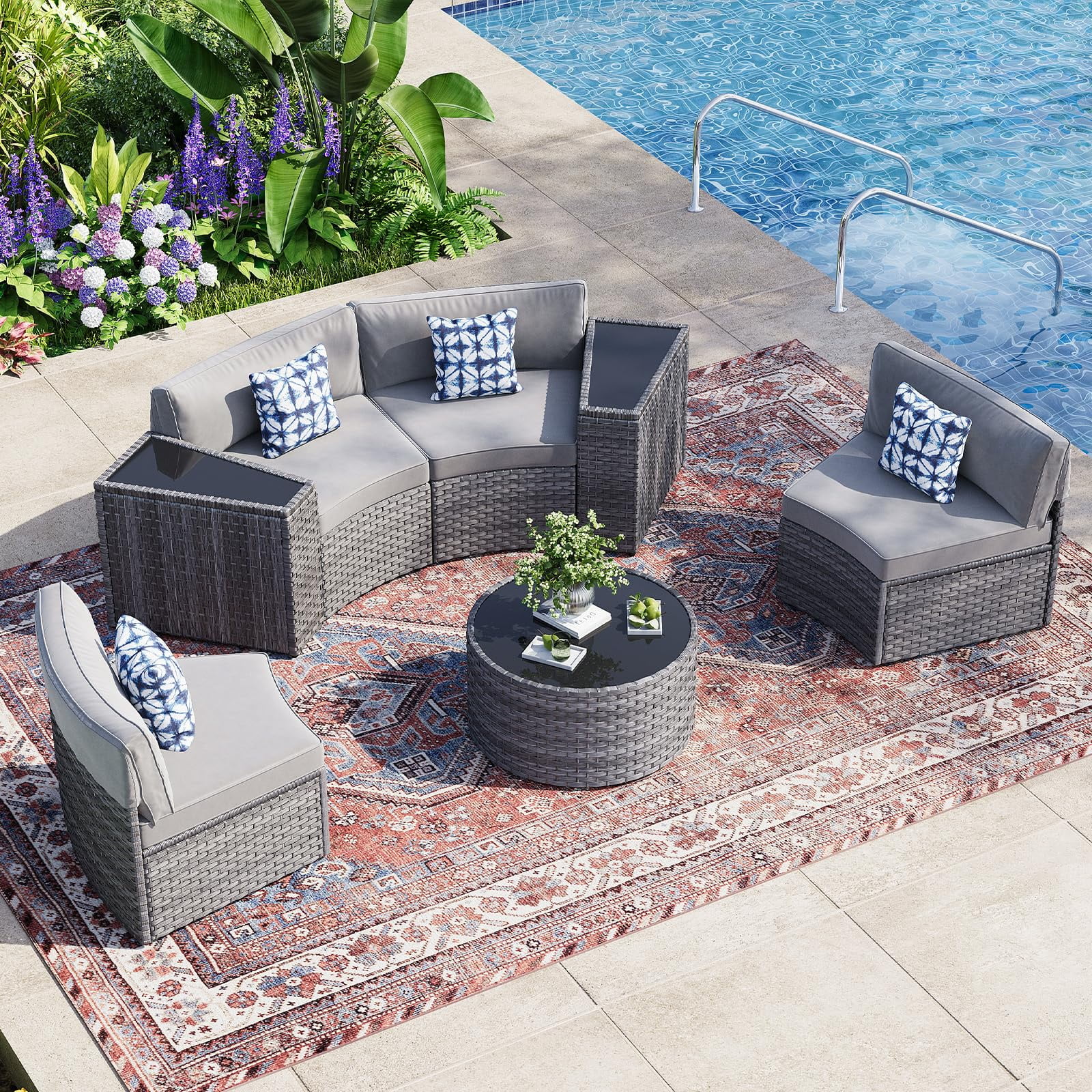 CDCASA 7 Piece Patio Furniture Set, All-Weather Wicker Rattan Curved Sectional Sofa with Coffee Table (Grey, 7 Piece Set) 2kfzr