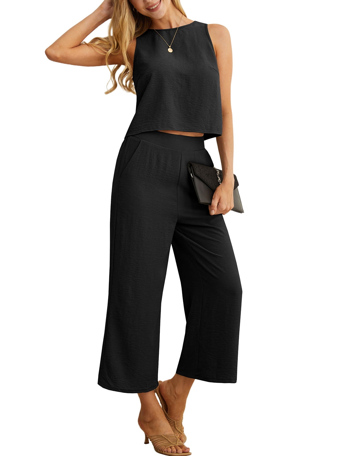 Cueply Women's Summer 2 Piece Lounge Set Sleeveless Crop Top and Wide Leg Cropped Pants (Black, M) g25z9