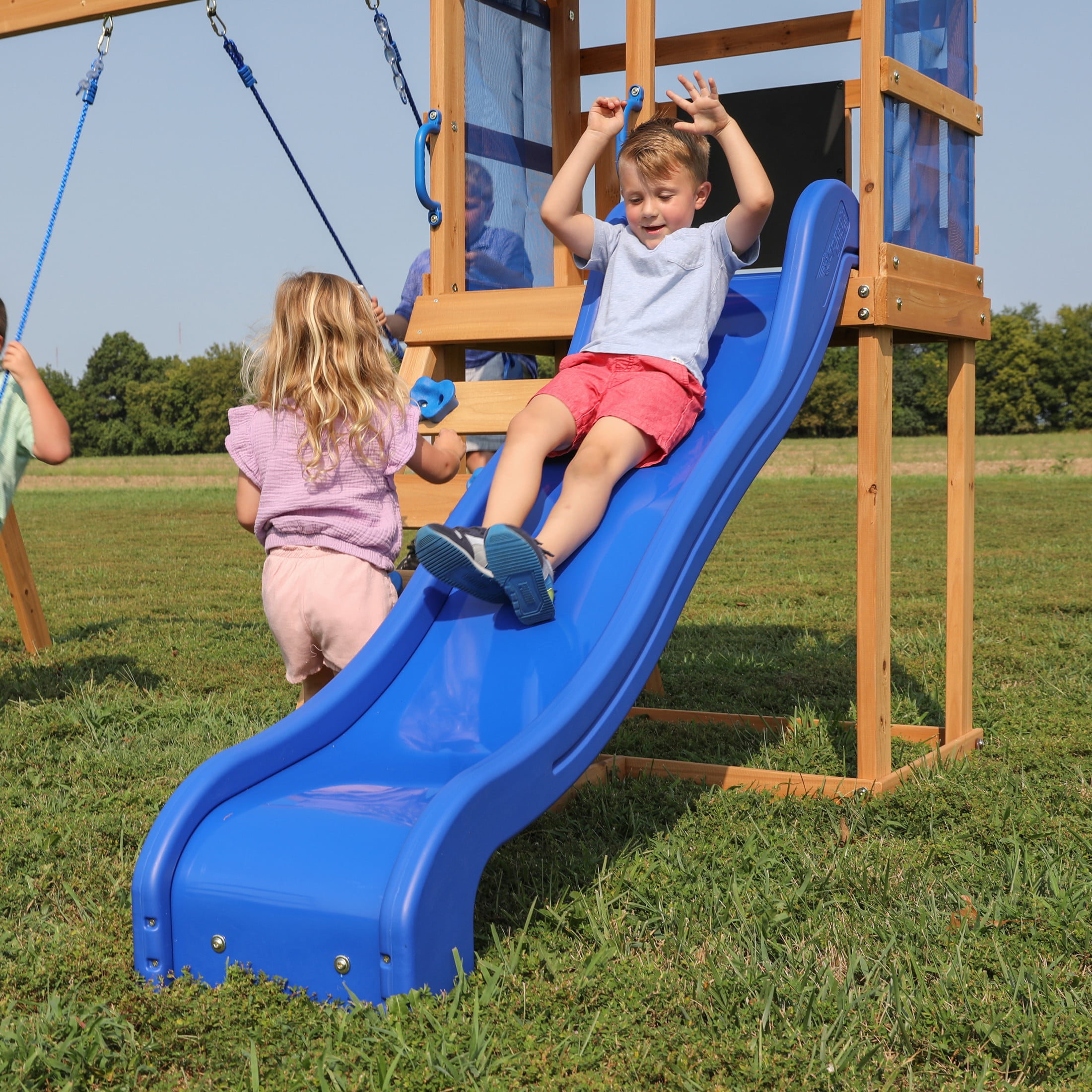 Backyard Discovery Bay Pointe Cedar Wood Swing Set with Slide, Play Deck, and Rock Wall Ladder (Brown) p7hi1