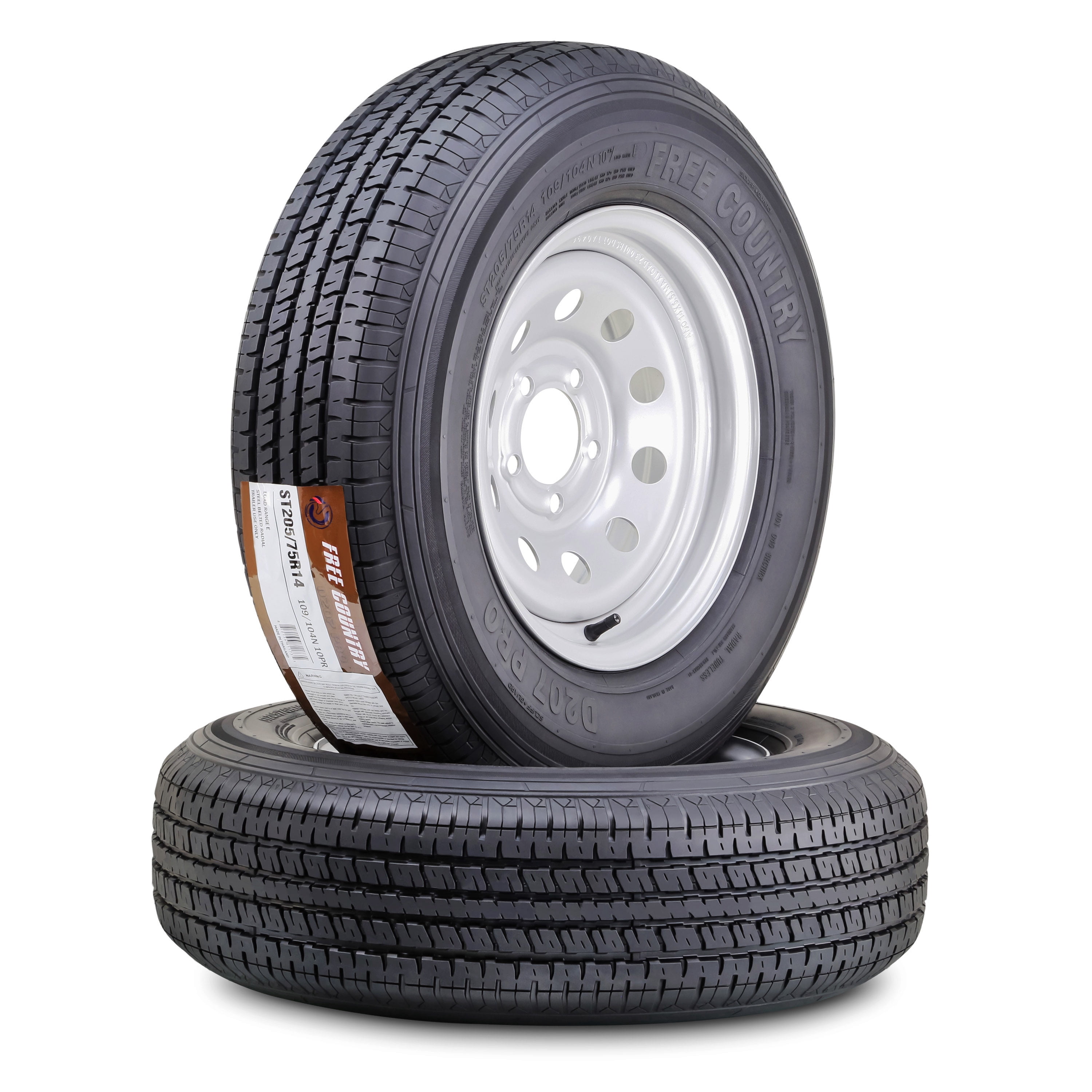 FREE COUNTRY Trailer Tire and Wheel Assembly (ST205/75R14, 10-Ply, 2270 lb Capacity, Silver Mod Rim, 2 Pack) rr37j