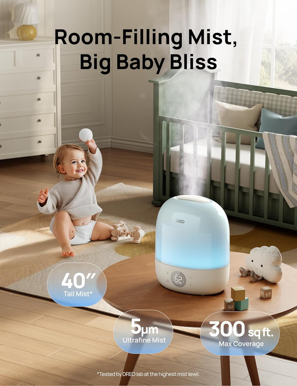 DREO Smart Cool Mist Humidifier for Bedroom and Nursery, Ultra Quiet Ultrasonic Air Humidifier with App Control and RGB Night Light (White, 0.79 gal) wb3av