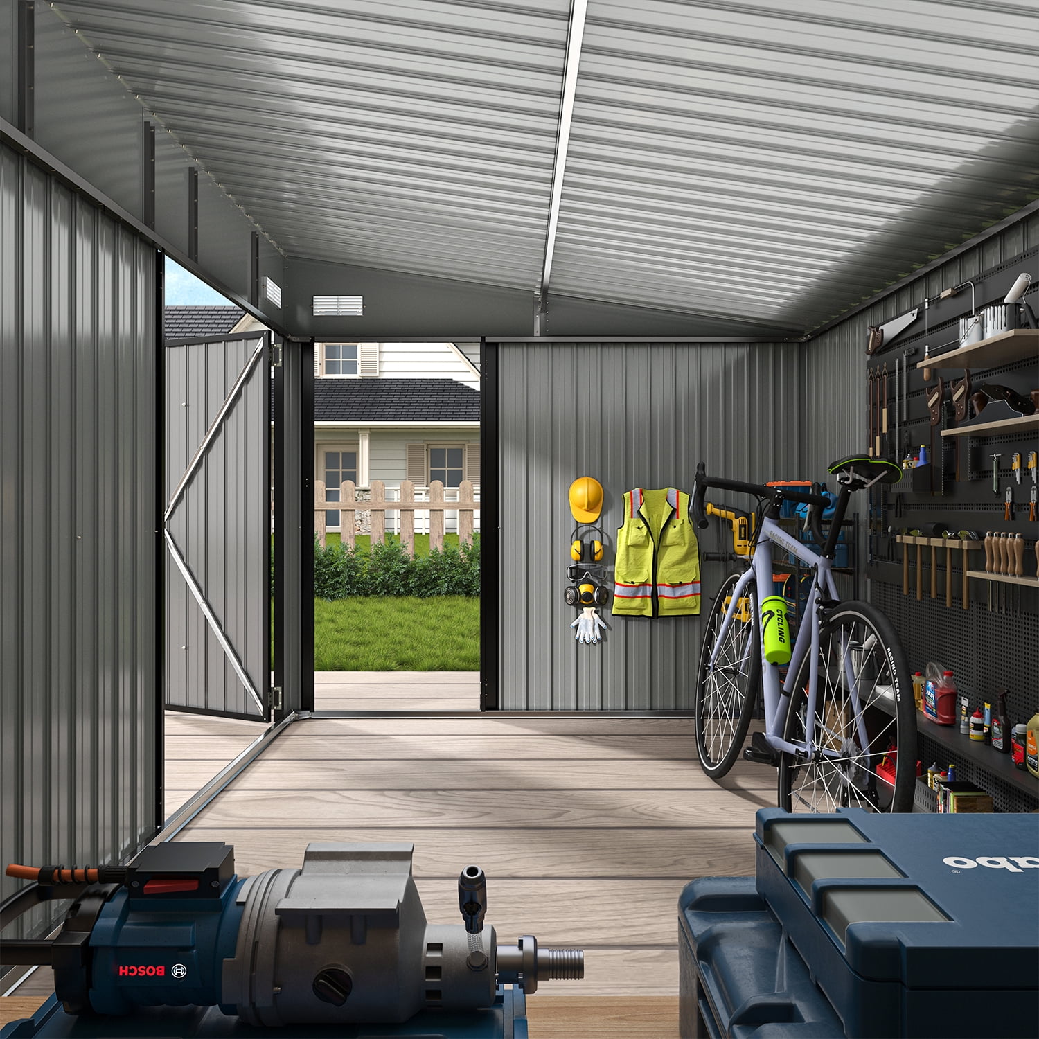 BaPiPro 12 ft x 8 ft Lean-to Metal Storage Shed, Outdoor Lockable Garden Shed with Triple Doors and Vents (Black, 12 ft x 8 ft) m8bqf