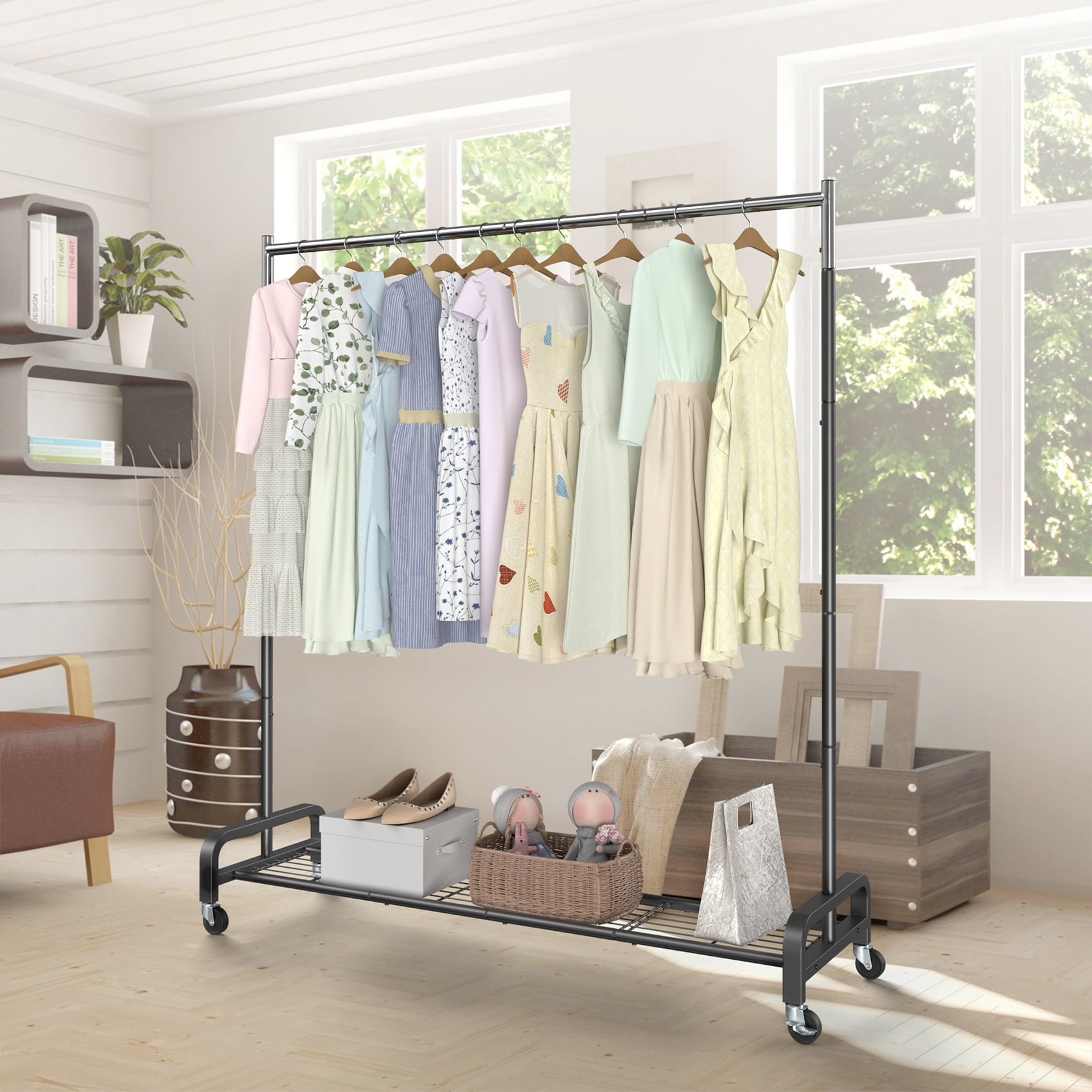 Mr IRONSTONE Heavy Duty Rolling Clothes Rack with Shelves, Portable Garment Organizer (Black, 400 lb) 47hdr