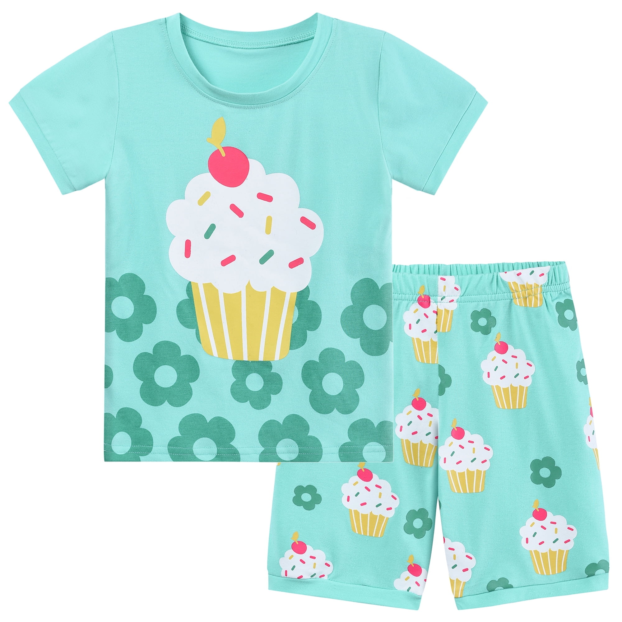 POPTEM Toddler Girls Pajamas Cupcake Print Cotton Short Sleeve Sleepwear Set (Mint Green, 2T) olgkl
