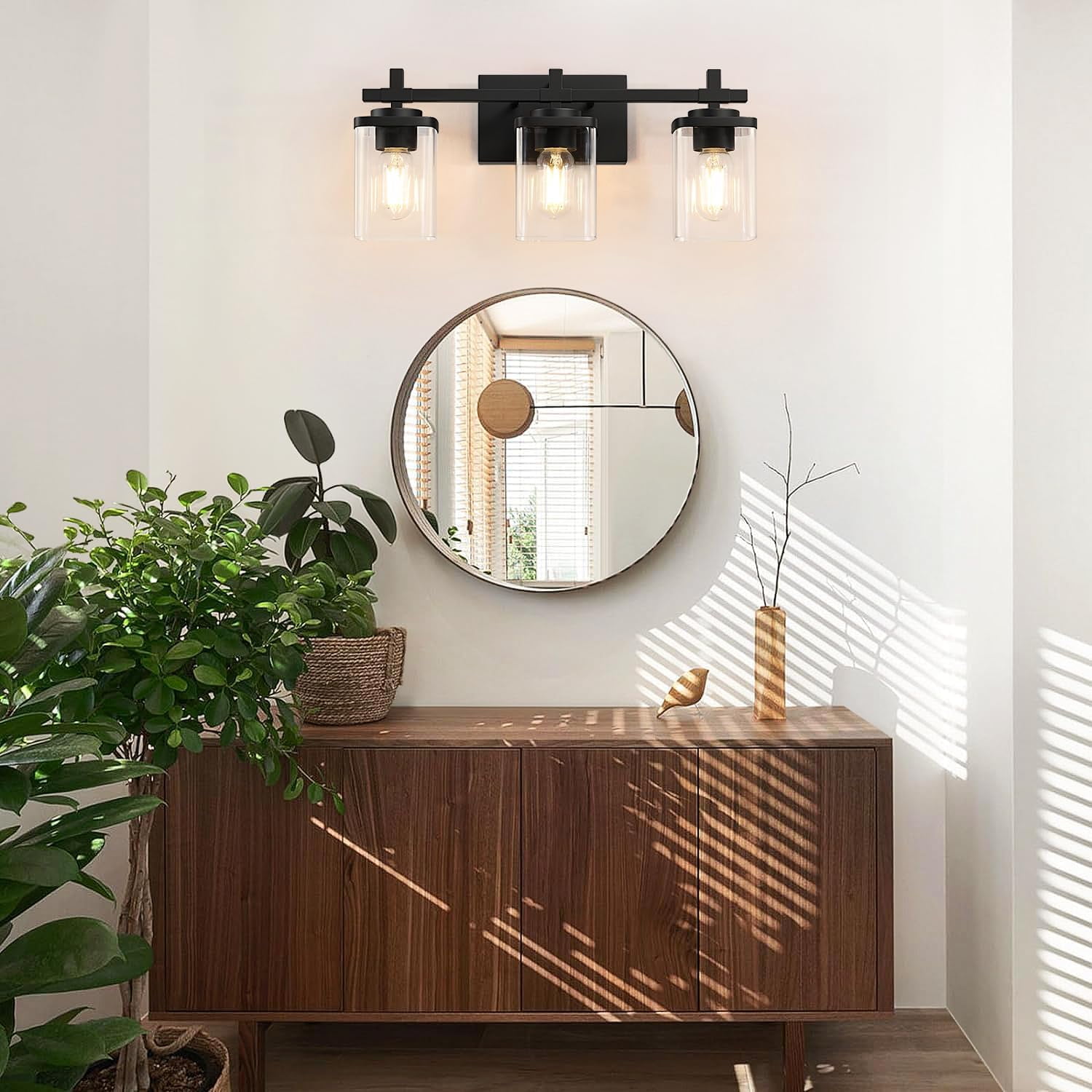 Pynsseu 24 in 3-Light Bathroom Vanity Light Fixture, Matte Black Wall Sconce with Clear Glass Shades 3t5dh