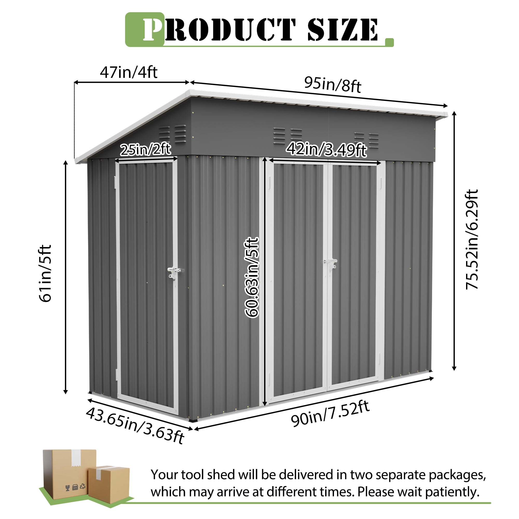 LZBEITEM Outdoor Metal Storage Shed, Weather-Resistant Garden Tool Shed with Galvanized Floor Frame (Grey, 8 ft x 4 ft) ere2c