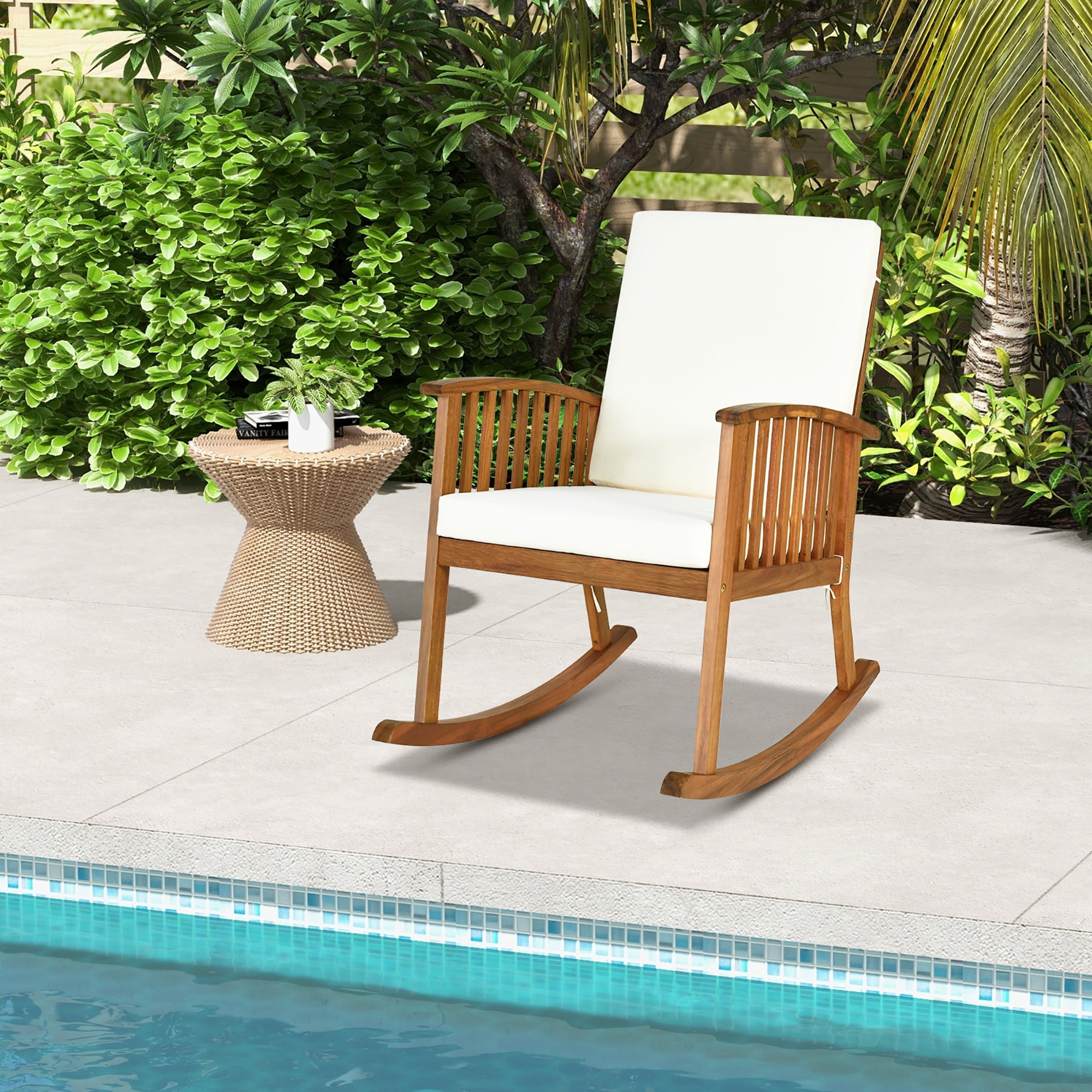 Gymax Patio Wooden Rocking Chair with Armrest Cushion (Brown, 35.5 in x 25 in x 36.5 in) gwno6