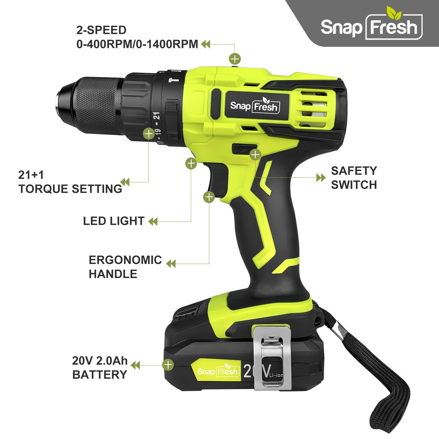 SnapFresh 20V Cordless Hammer Drill Set with 1/2-inch Metal Chuck, 445 In-Lbs Torque, 21+1 Settings (Green, 2.0Ah Battery) ob9rm