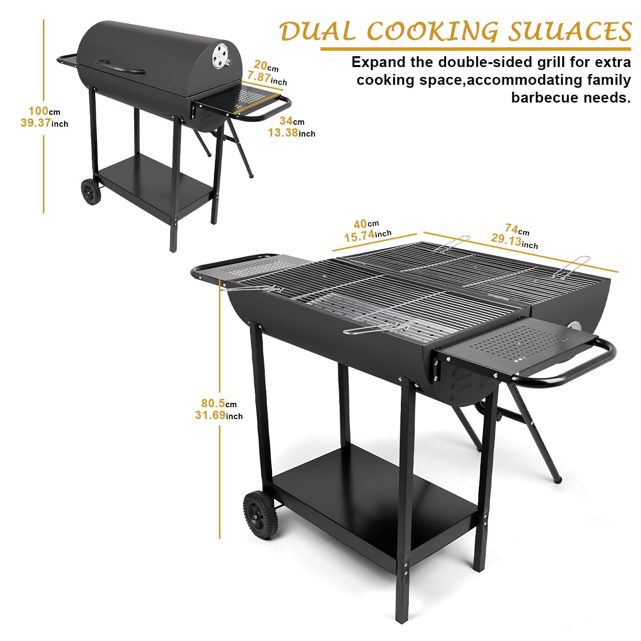Linsen-Outdoors Double Charcoal Barrel Grill with Dual Side Shelves (Black, Large) 5yds8