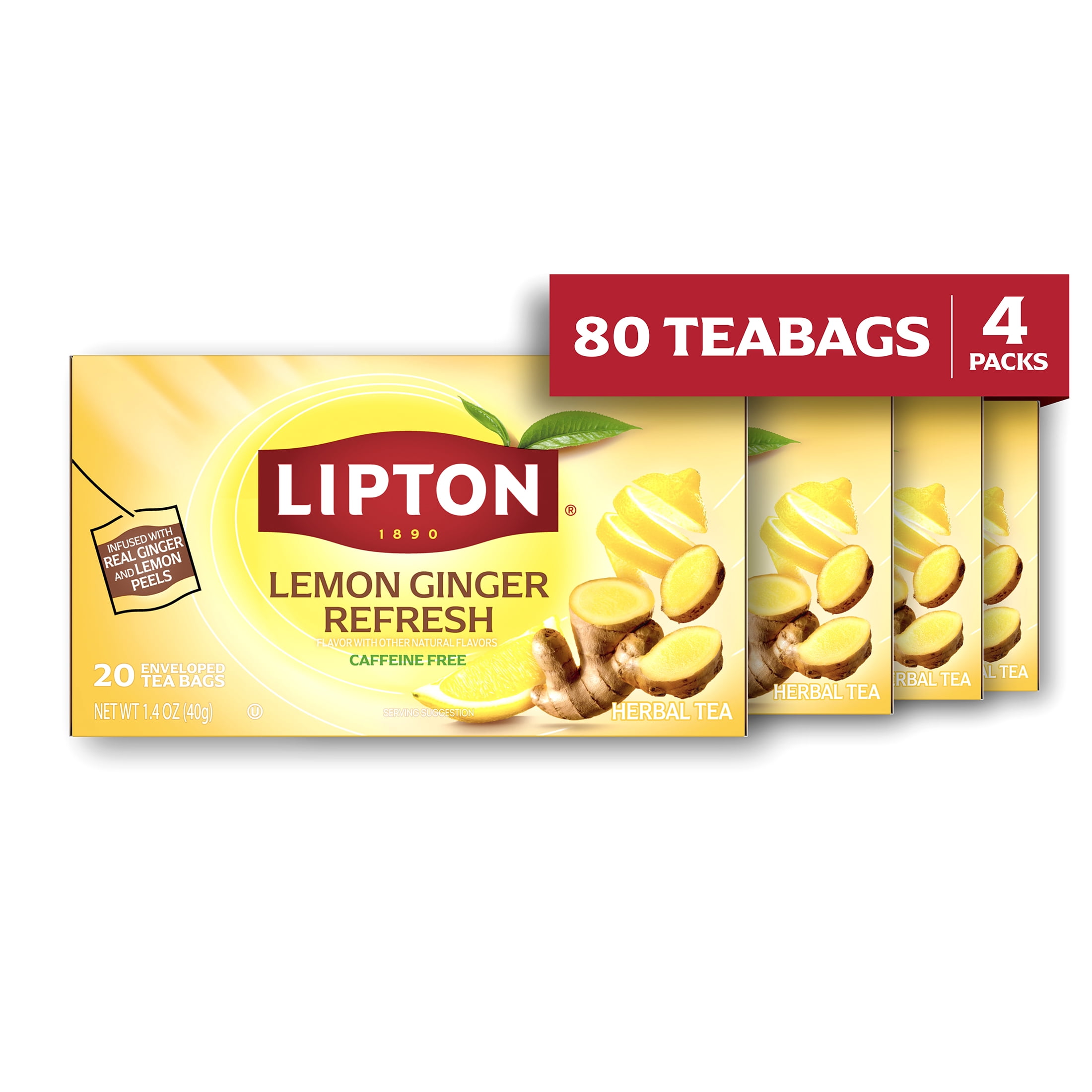 Lipton Lemon Ginger Refresh Herbal Tea, Caffeine Free, Fruit Infused (20 count, pack of 4) ecnmd