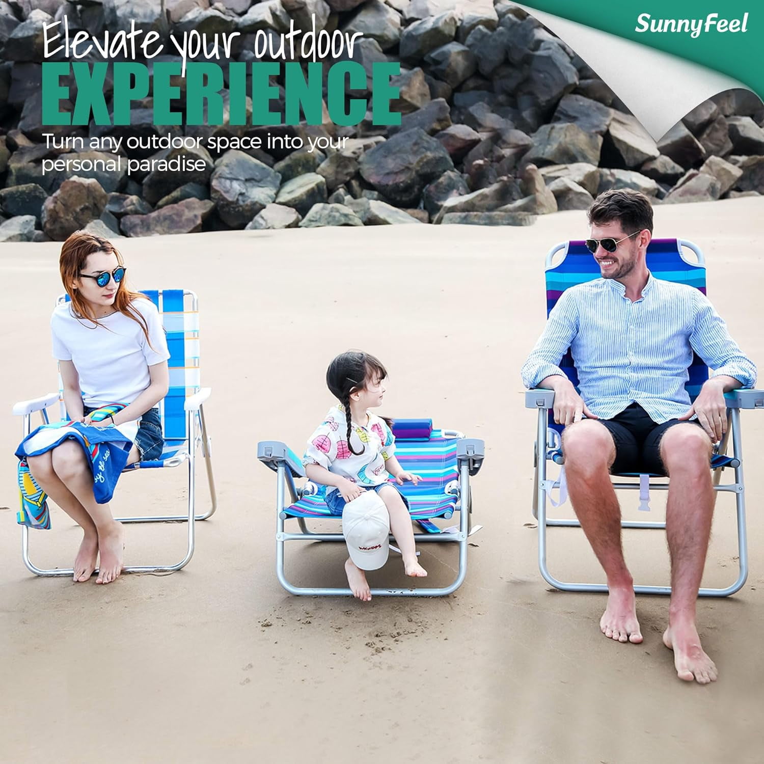 Sunnyfeel Tall Folding Beach Chair, Heavy Duty Portable Camping Lawn Chair with Cup Holder (Blue, 500 lb Capacity) 0n0jp