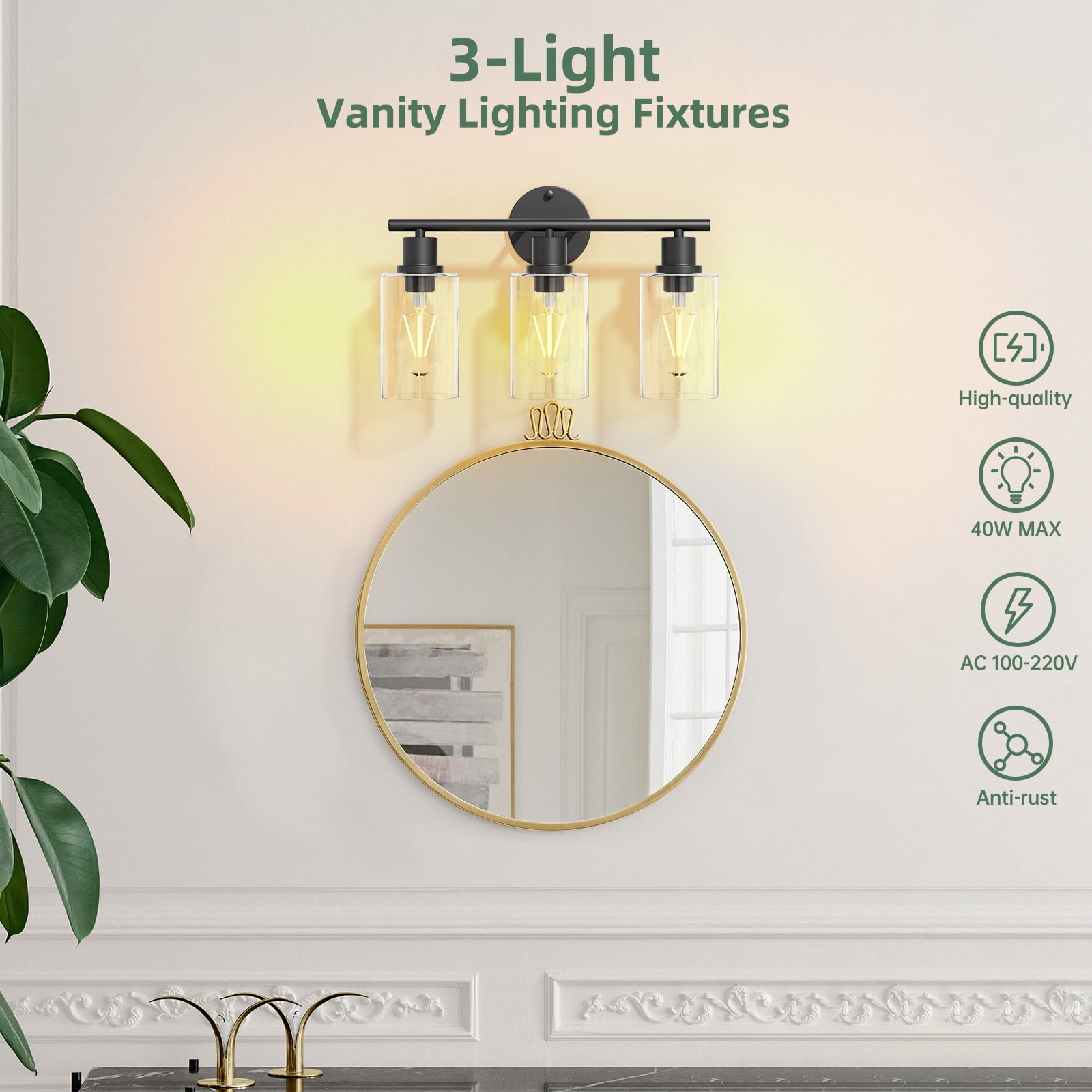 Cshidworld 3-Light Dimmable Vanity Light Fixture with Clear Glass Shades (Black, 22 in) w9c6d