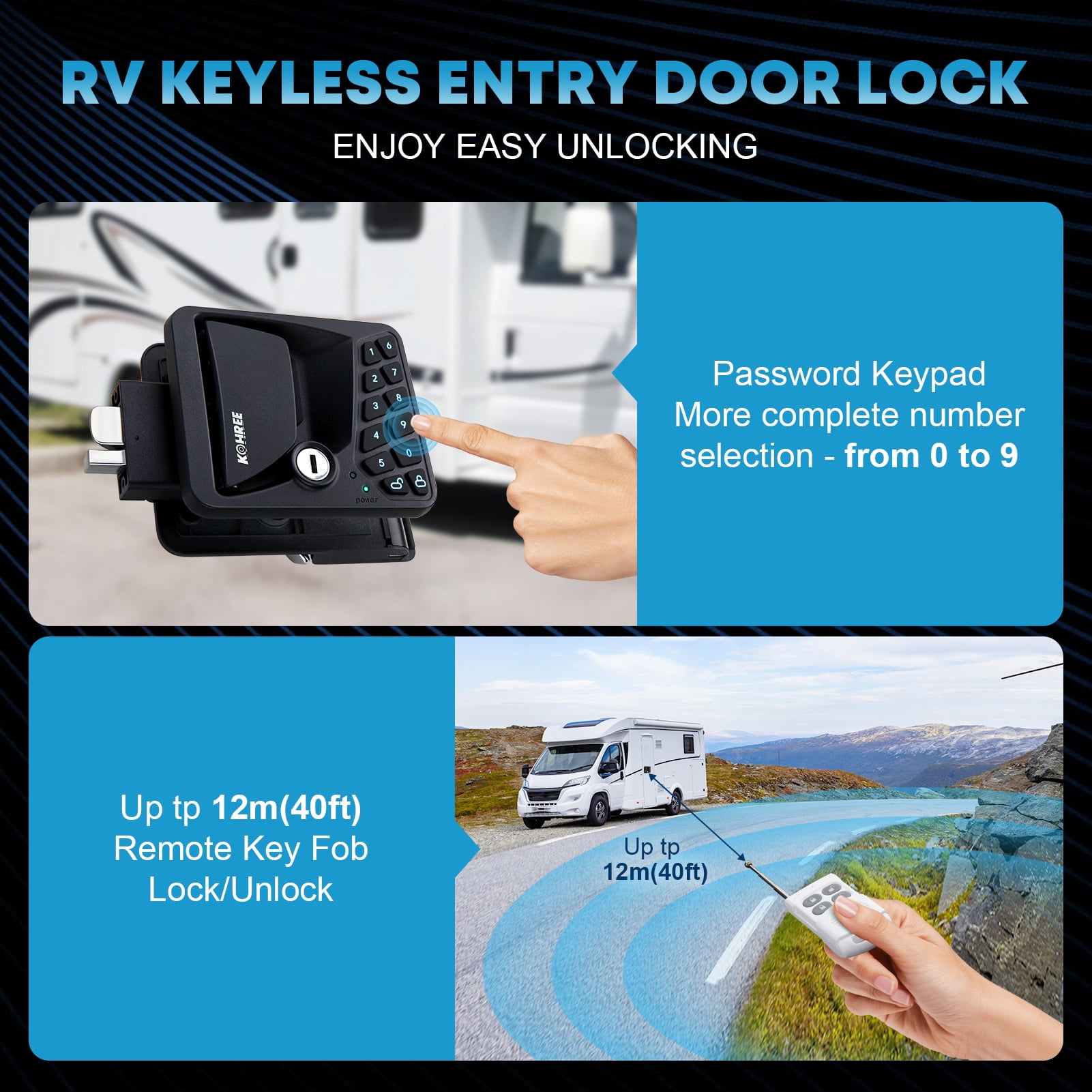 Kohree RV Door Lock Keyless Entry System with Remote and Keypad (Black, 3.75 in x 2.75 in x 1.5 in) f23bj