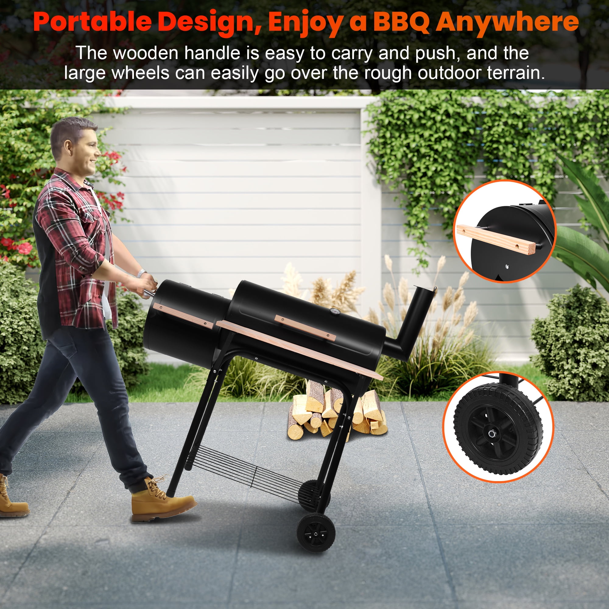 Seizeen Charcoal Grill with Offset Smoker, Outdoor BBQ Grill with Side Table (Black, 44 in x 25 in x 45 in) dq2j8