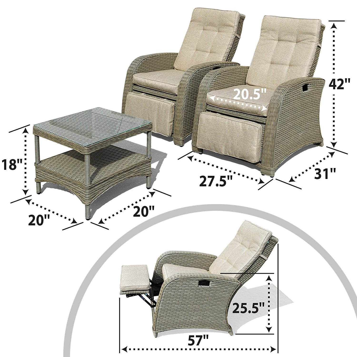 Sunny Wicker Rattan Patio Bistro Set with Cushions (3-Piece Set) 3bzw6