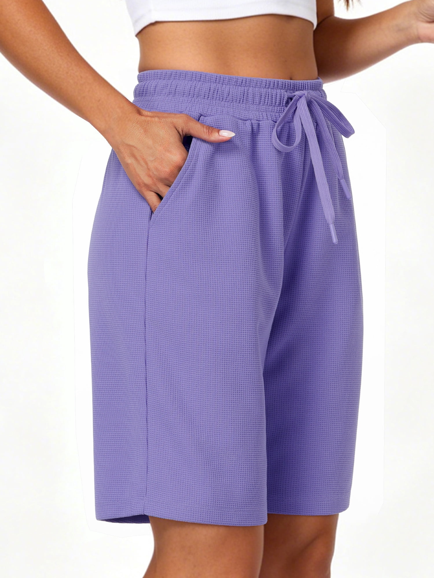 NELEUS Women's Waffle Knit Bermuda Shorts High Waisted Athletic Lounge Shorts with Pockets (Purple, Large) 7rg2r