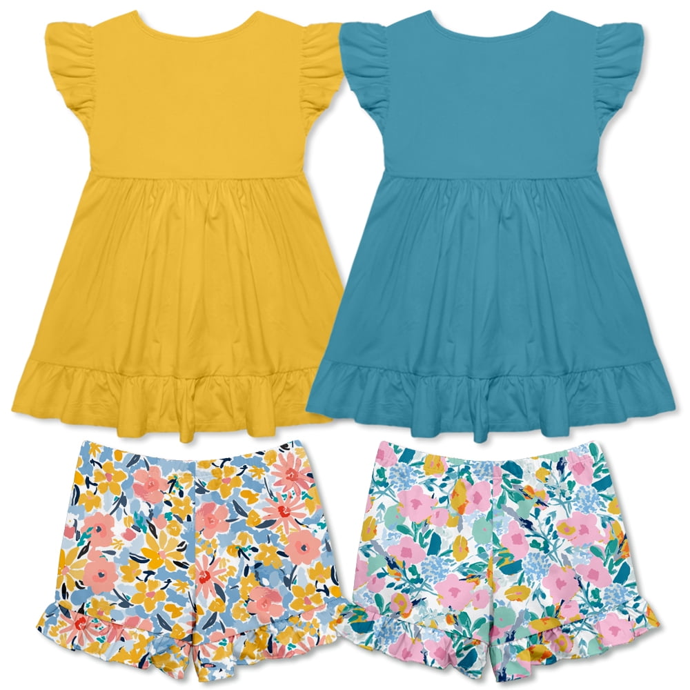 Millie Loves Lily Girls Ruffle Top and Printed Shorts Set (Yellow and Turquoise, 3T) lceaf
