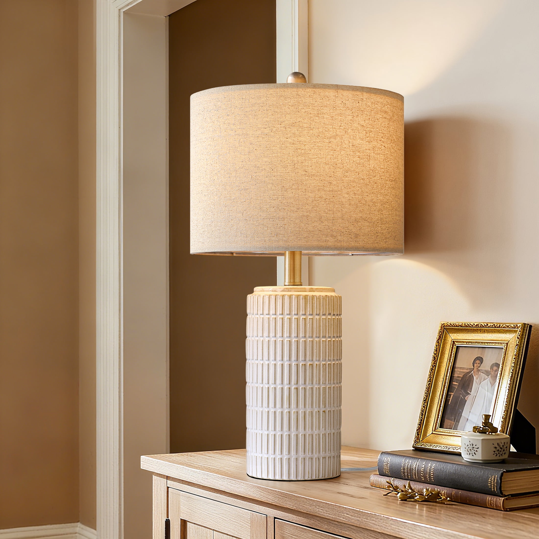 Oneach Ceramic Table Lamps Set of 2, Rustic Bedside Nightstand Lighting with Linen Shades (White, 23 in) 5a0kk
