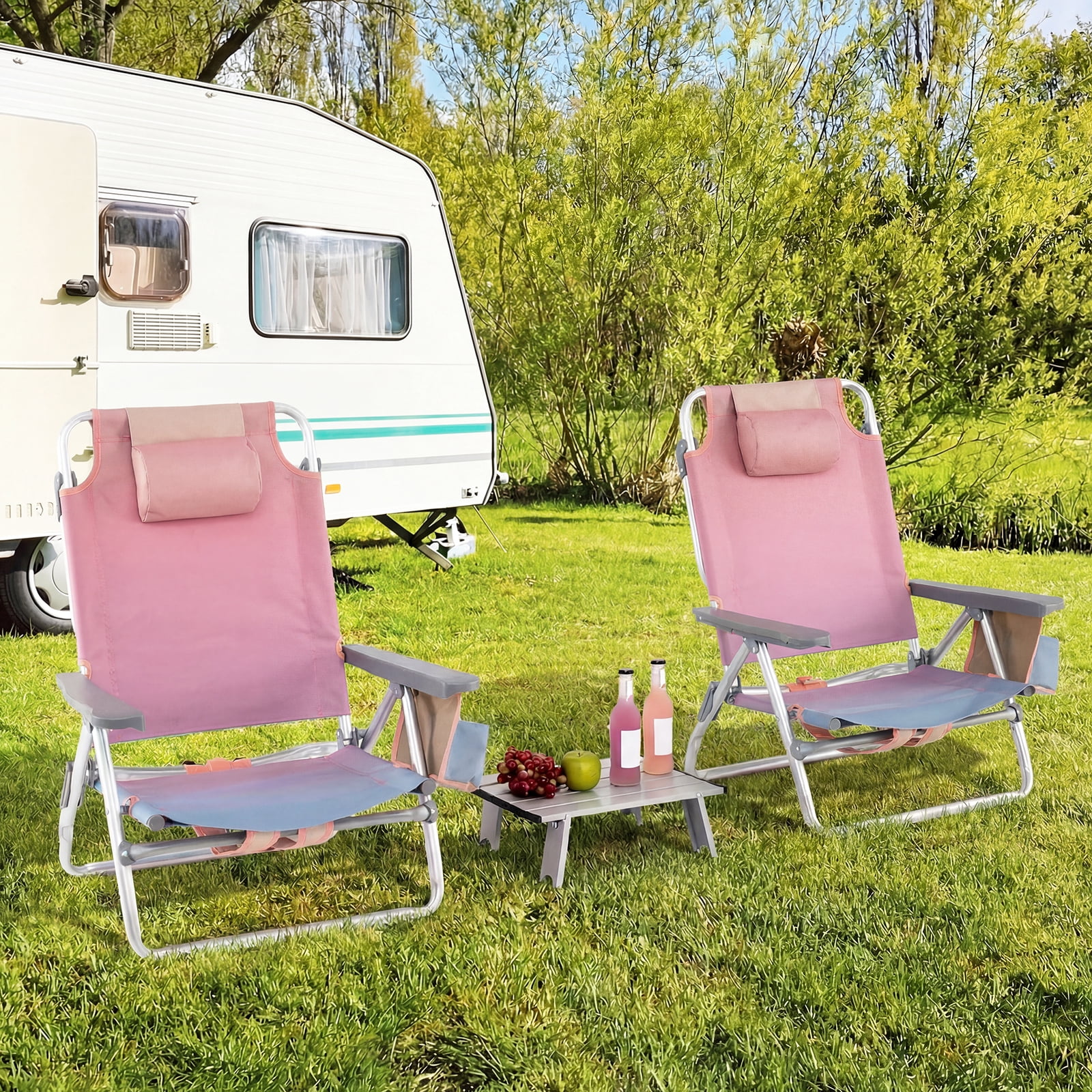 Gymax 3-Piece Outdoor Camping Set, 2 Folding Beach Chairs & Portable Aluminum Side Table, 5-Level Adjustable Backrest (Pink) mruq7