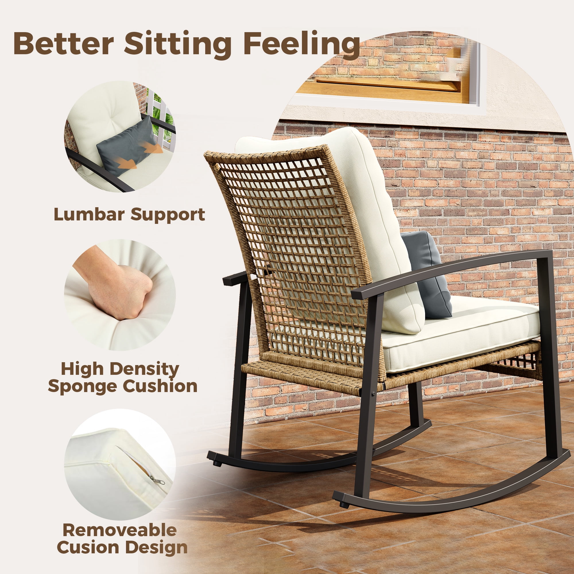 LAZZO 3-Piece Patio Conversation Set, PE Wicker Rocking Chairs with Lumbar Pillows and Tempered Glass Coffee Table (Beige, 3-Piece Set) 8kot2
