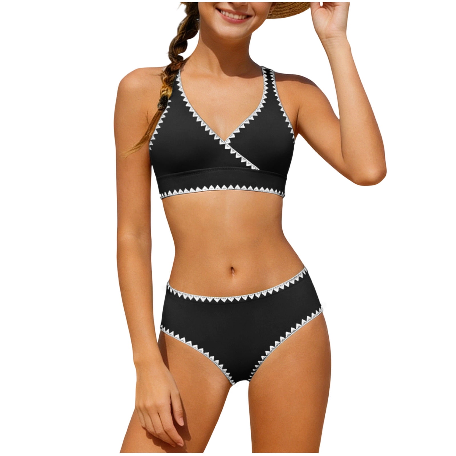 HAOTAGS Girls 2-Piece High Waist Bikini Swimsuit (Adjustable Strap Stretch Swimwear, Black, Size 5-16) 0925t