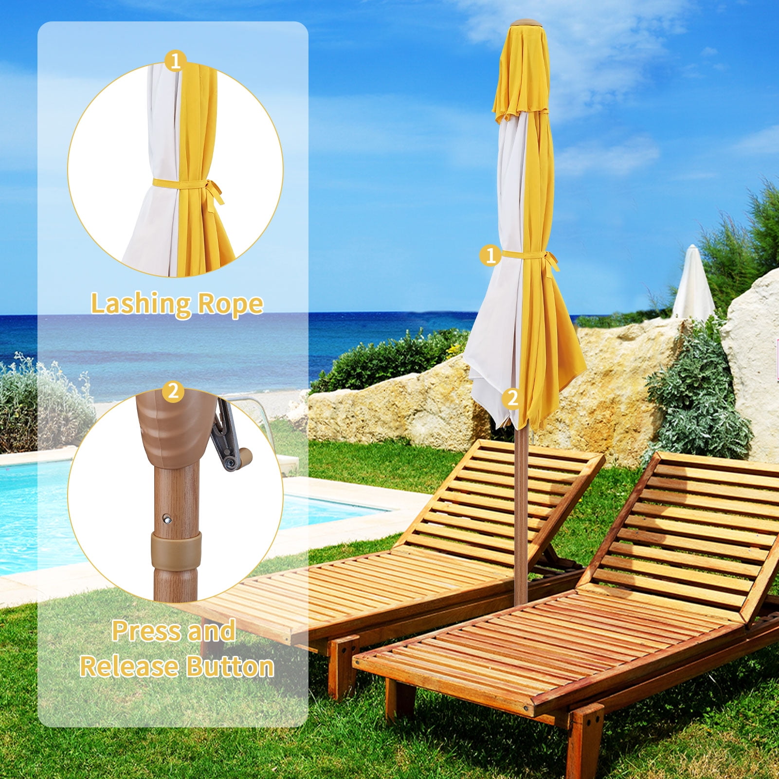 Ainfox 7.5 ft Round Market Patio Umbrella, UV-Resistant Outdoor Shade (Yellow/White Stripe, 7.5 ft) f32g9