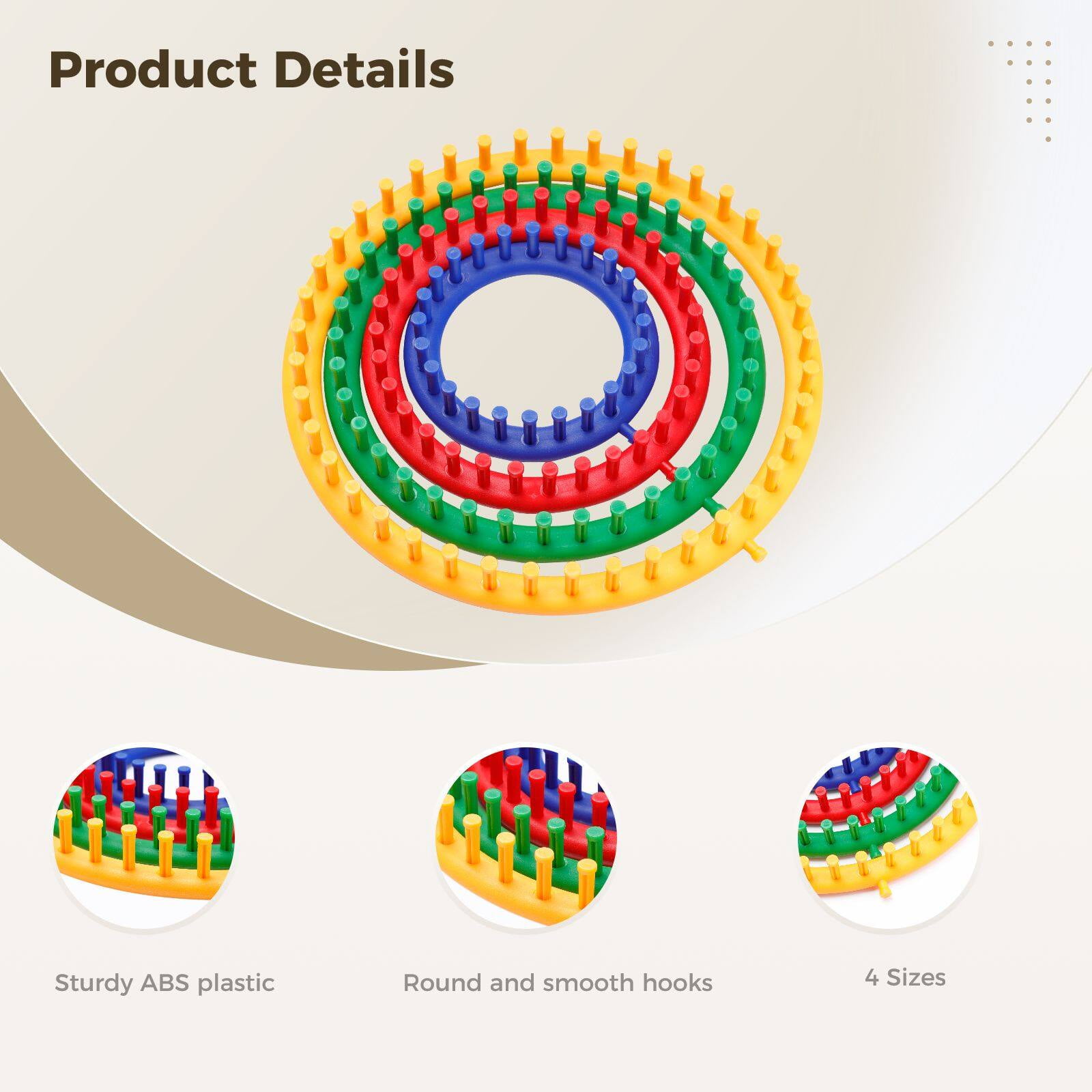 TIFOR Round Knitting Loom Set (4-Piece Circular Knit Tool Kit with Crochet Hook and Needles, Multi-Size) 9w9w4