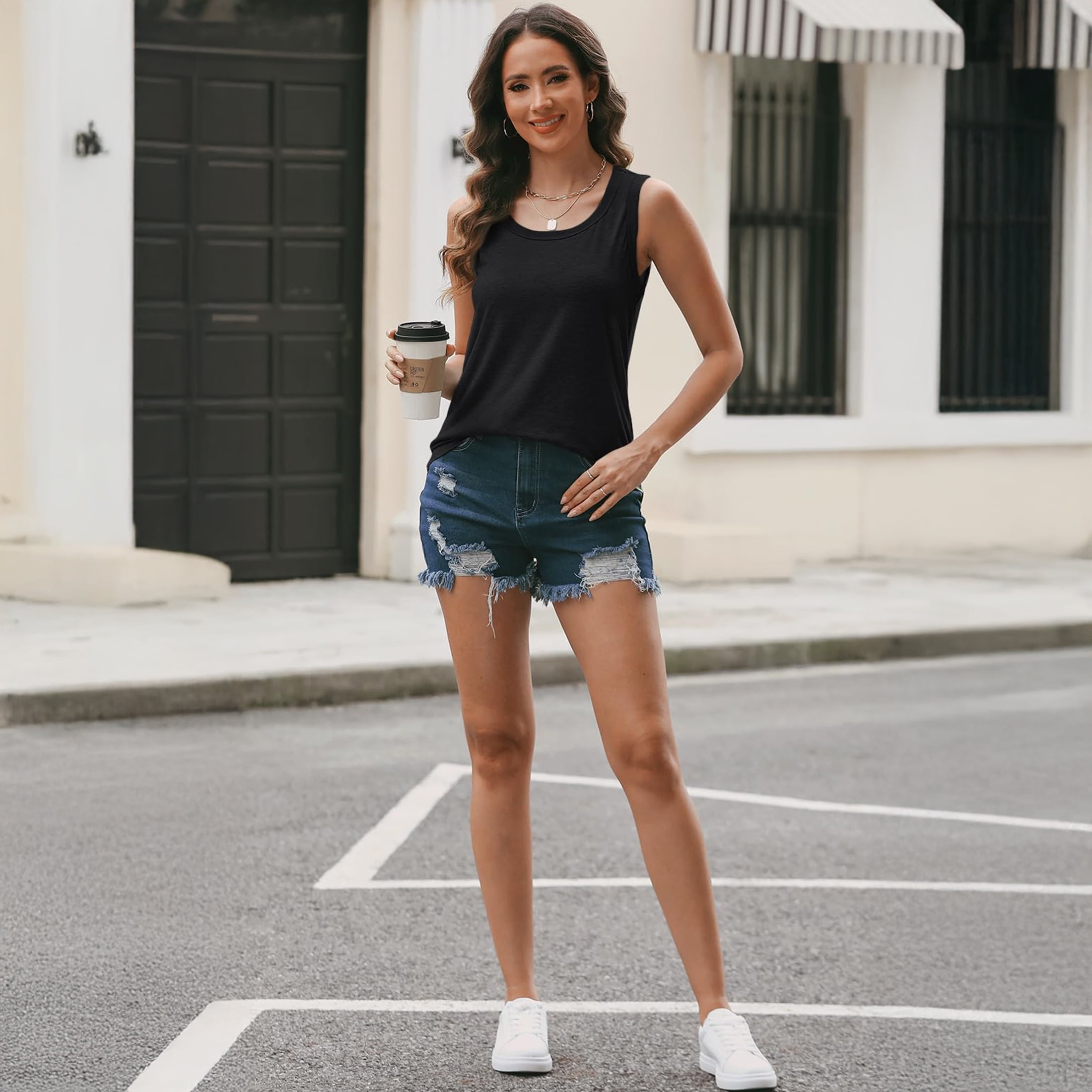 SUNBS Women's Casual Crewneck Sleeveless Tank Top Loose Fit Summer Blouse (Black, XL) ch93j