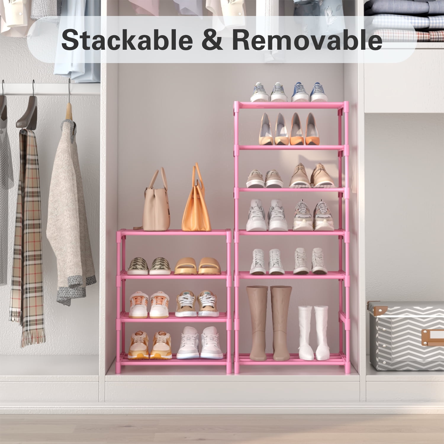 Bug Hull 4-Tier Narrow Shoe Rack, Stackable Metal Organizer Tower for Entryway (Pink, 11 in Depth) 1qz00