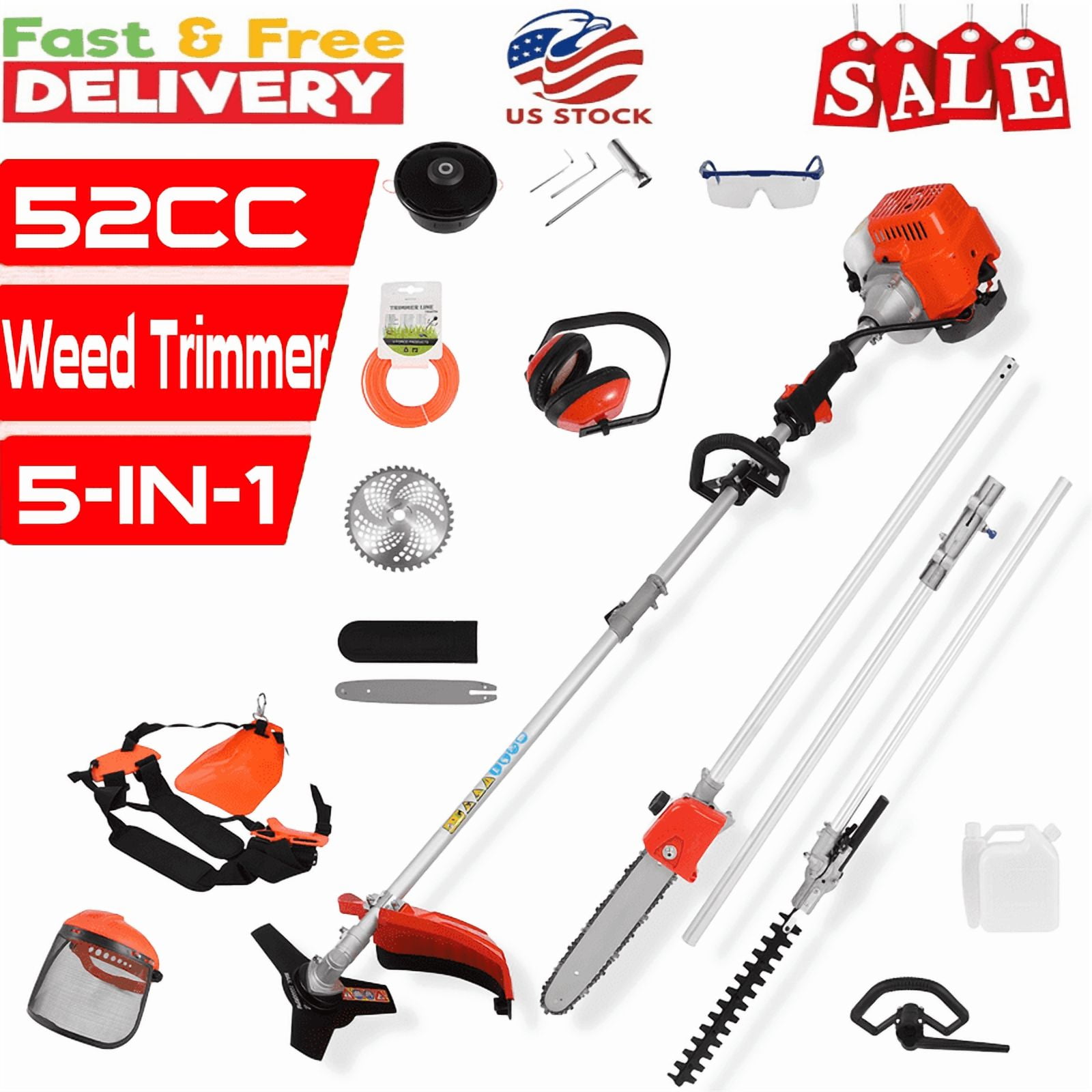Floseru 5-in-1 Gas Powered Garden Tool Set, Multifunctional Brush Cutter and Hedge Trimmer (Orange, 52cc) uvjuf