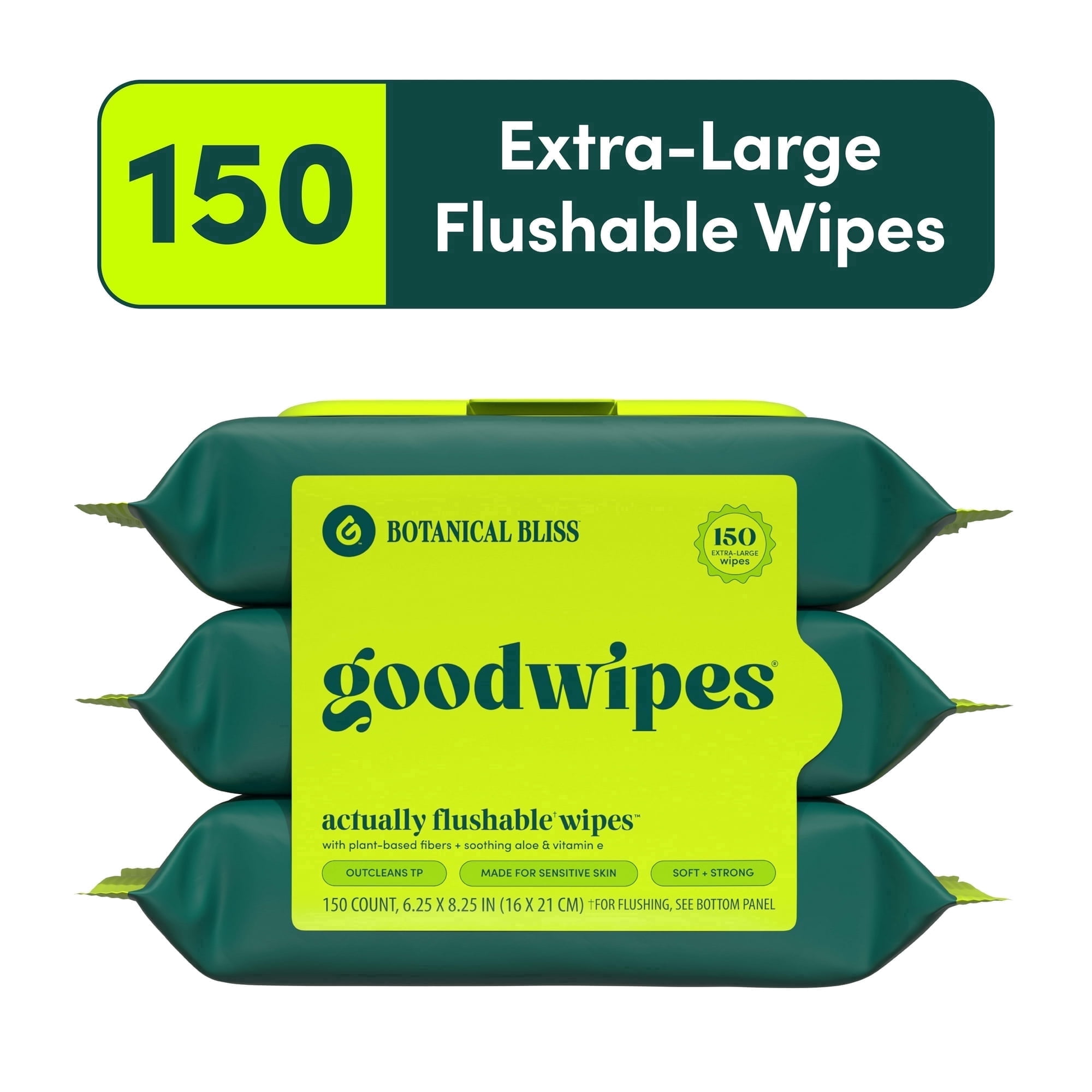 goodwipes Flushable Butt Wipes, Botanical Bliss Scented, Plant-Based & Sensitive Skin Safe (Green, 3 Pack, 150 Total Wipes) 3eoxw