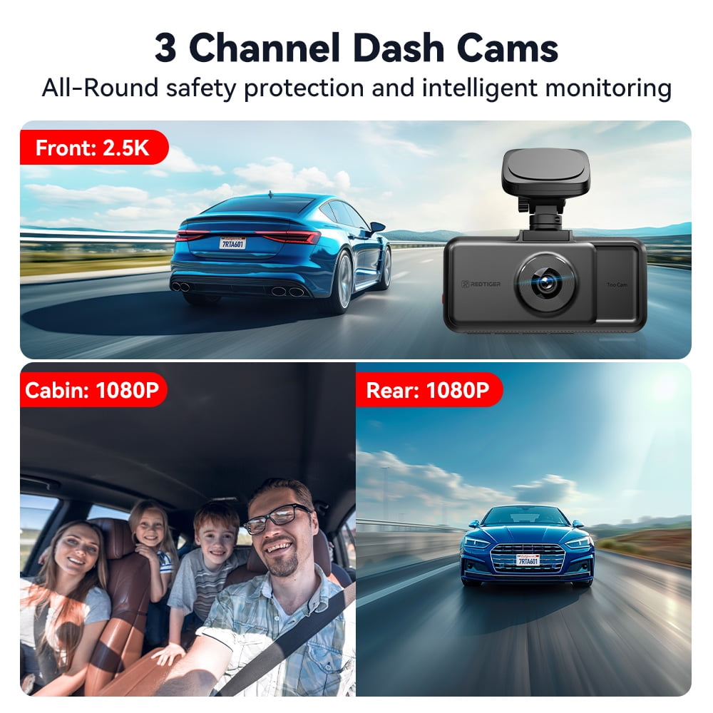 REDTIGER A6 3-Channel Dash Cam, Front Rear and Interior Triple Camera, WiFi GPS Touch Screen (Black, 64GB) fagw2