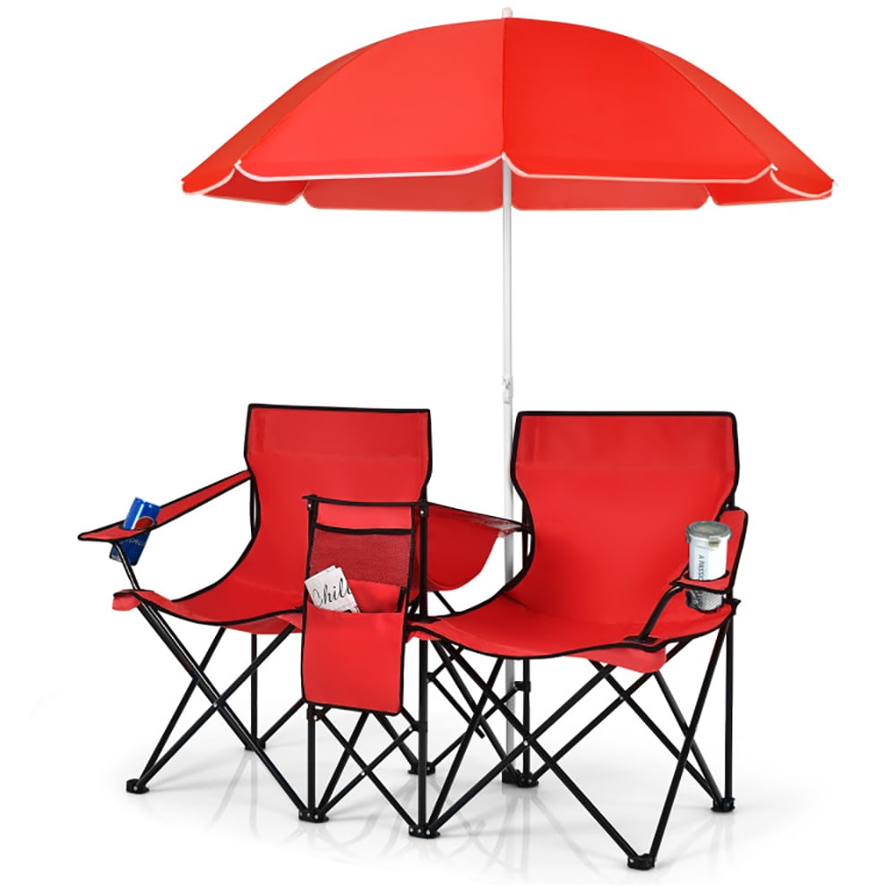 Aimee Lii Double Folding Picnic Chair with Umbrella, Outdoor Camping Loveseat with Cooler Bag and Beverage Holders (Red) sqkca