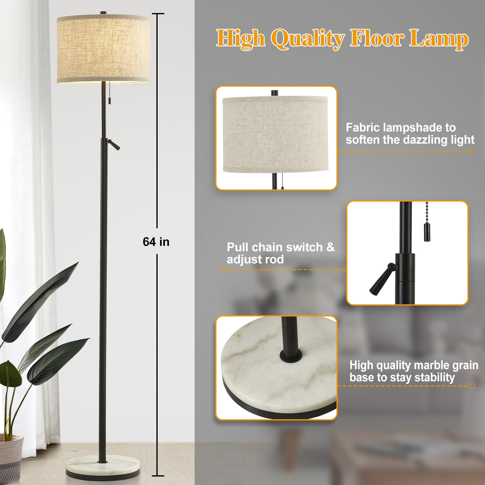 NATYSWAN Modern Marble Floor Lamp, Adjustable Height Standing Lamp with Pull Chain Switch (Black, 64 in) fhr71