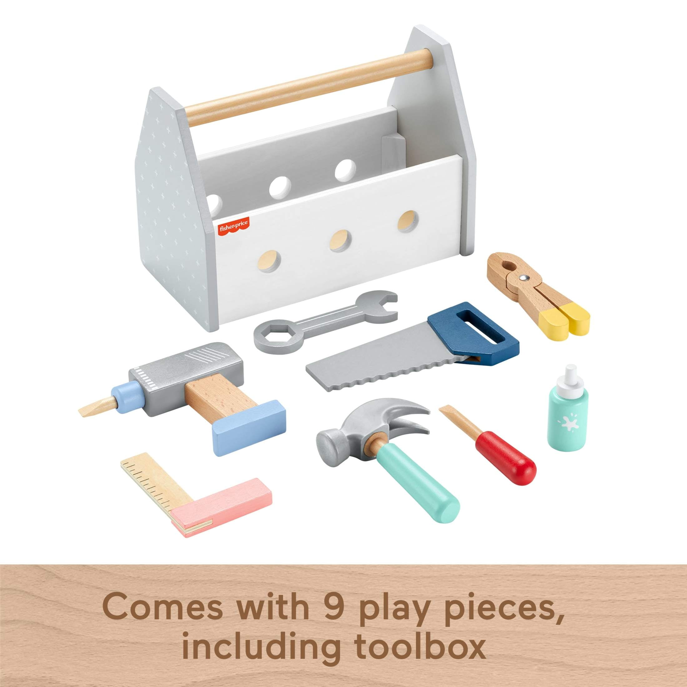 Fisher-Price Wooden Tool Box Set with Toy Drill and Construction Accessories (9 Pieces) 04roq