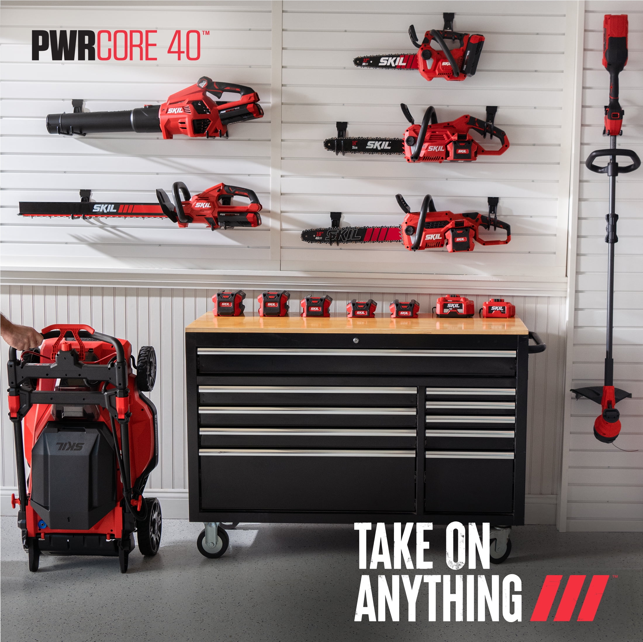 SKIL PWR CORE 40V Brushless 20-Inch Push Mower Kit with Smart Caddy, 7.5Ah Battery and 150W Charger (Red, 20-Inch) eoubn