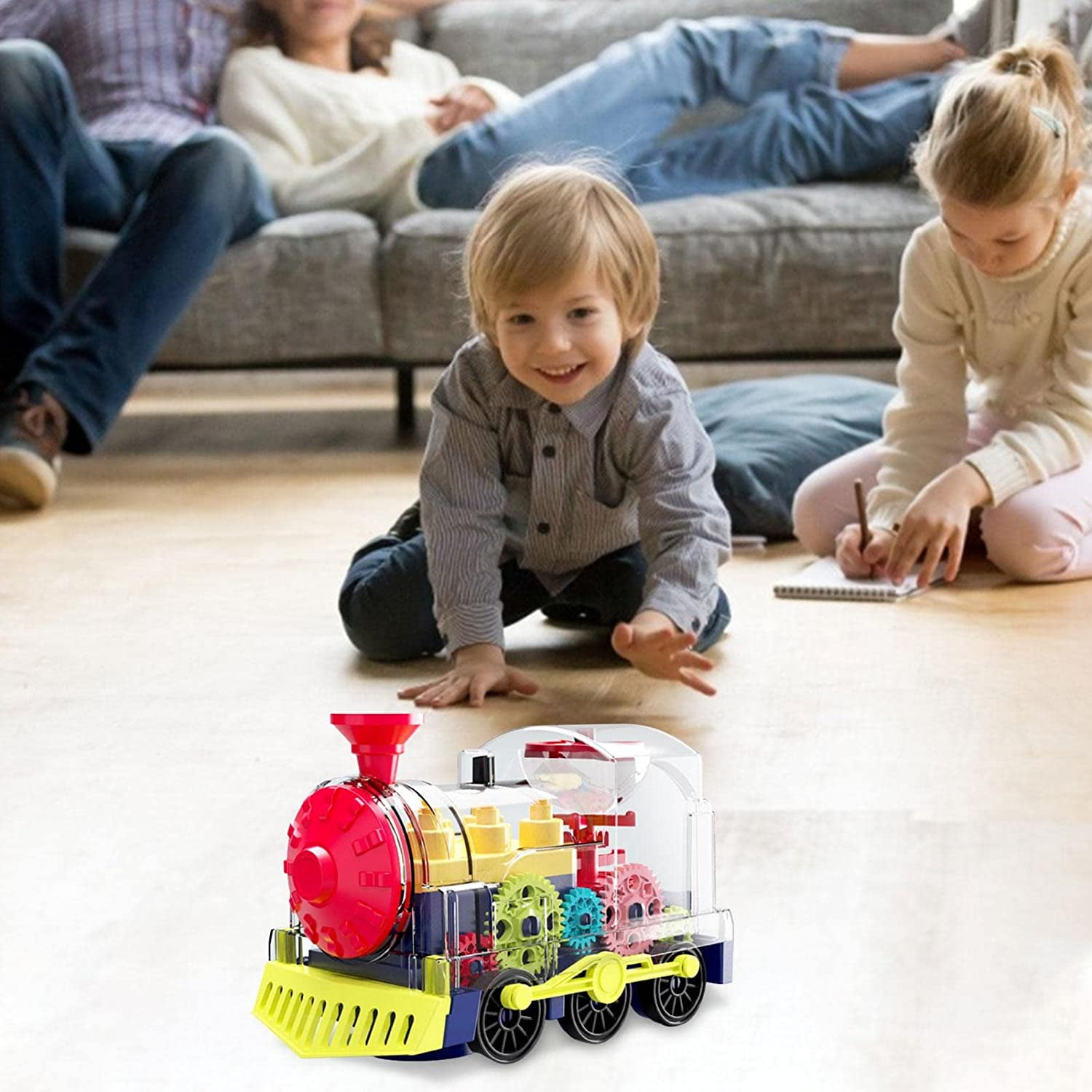 TiokMc Electric Gear Train Toy with Transparent Mechanical Design, Flashing Lights & Music (Clear, 6.7 in x 4.3 in x 3.5 in) tz6g9