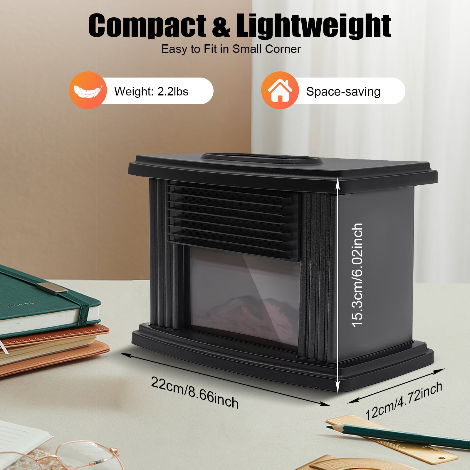 TOOL1SHOoo Electric Fireplace Space Heater, 3D Flame Log Burner, Portable Fast Heating (Black, 1000W) b20fj