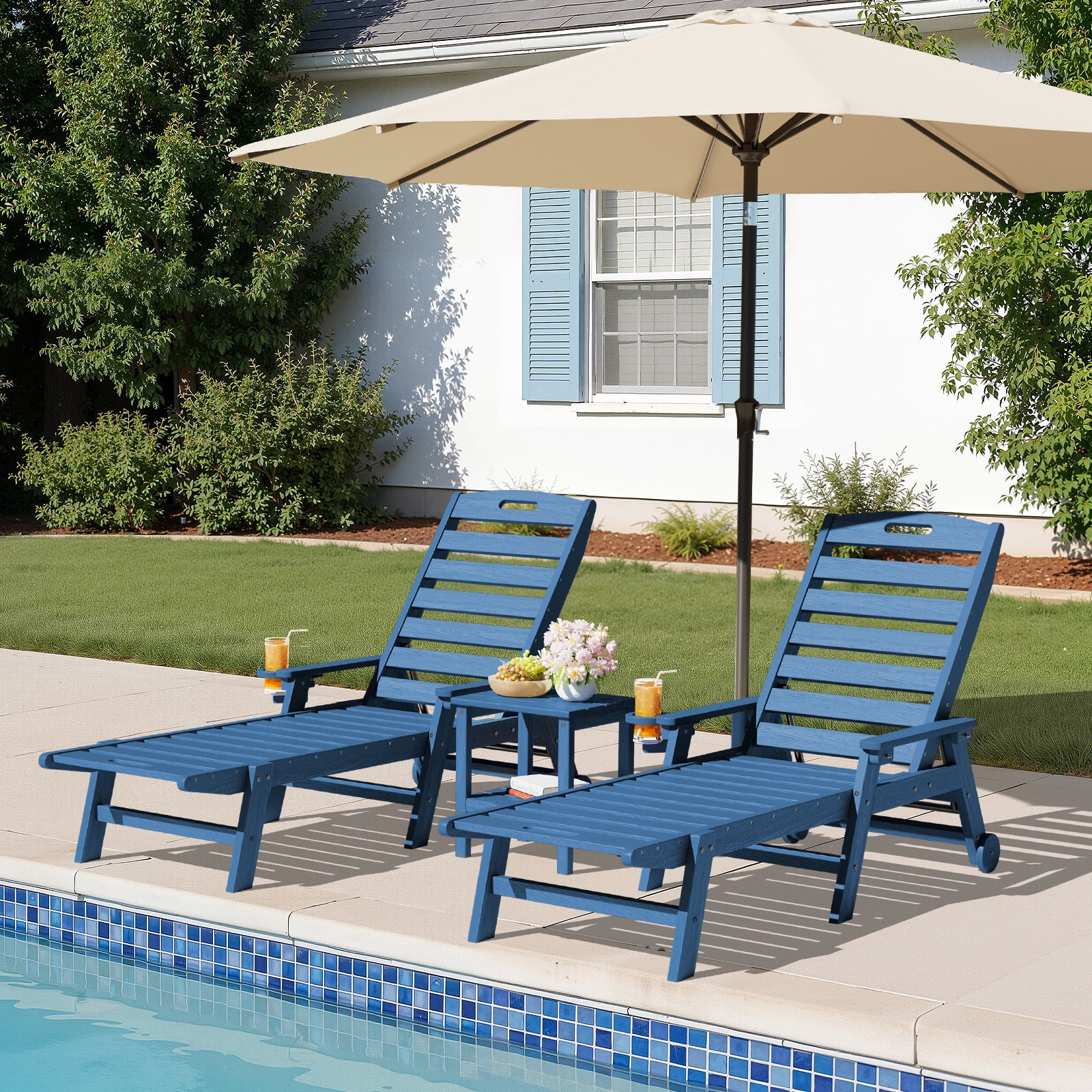 Loyalice Adjustable Wheeled HDPE Outdoor Patio Lounge Chair with Cup Holder (Navy Blue, 78.3 in x 25.1 in x 16.3 in) 2nwno
