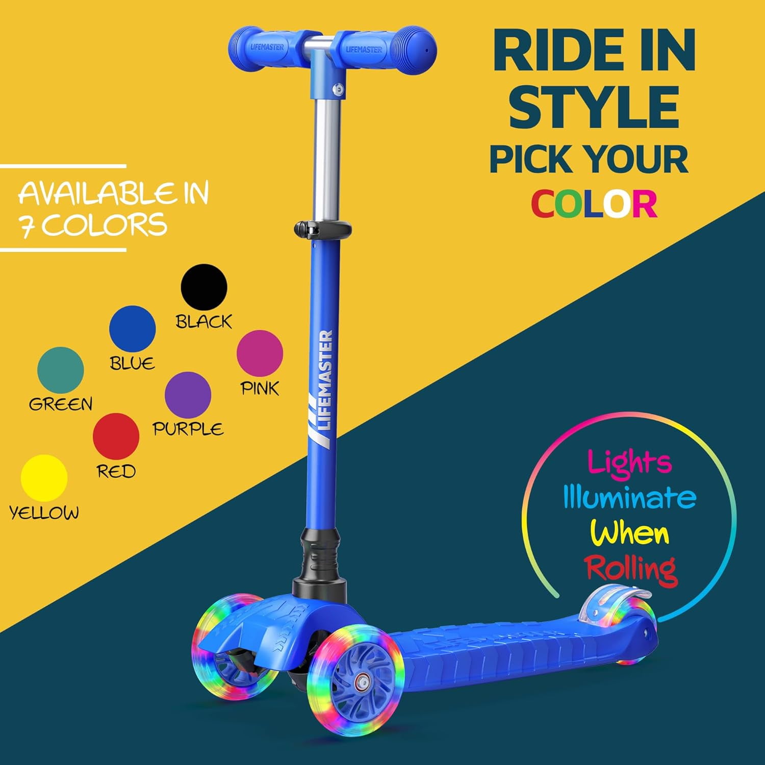 Lifemaster 3-Wheel Kids Scooter with LED Light-Up Wheels, Adjustable Handlebar, Anti-Slip Deck (Blue, 110 lb Capacity) pgctx