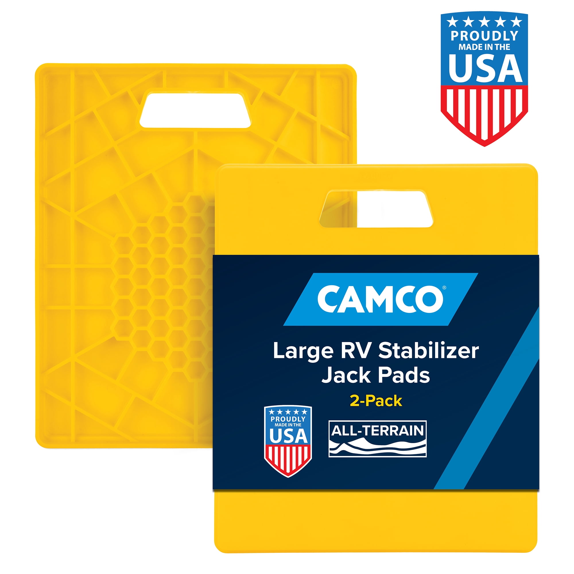 Camco Stabilizing Jack Pads for RV and Trailer Leveling (Heavy-Duty Support, Yellow, 14 in x 12 in, 2 Pack) xhtnk