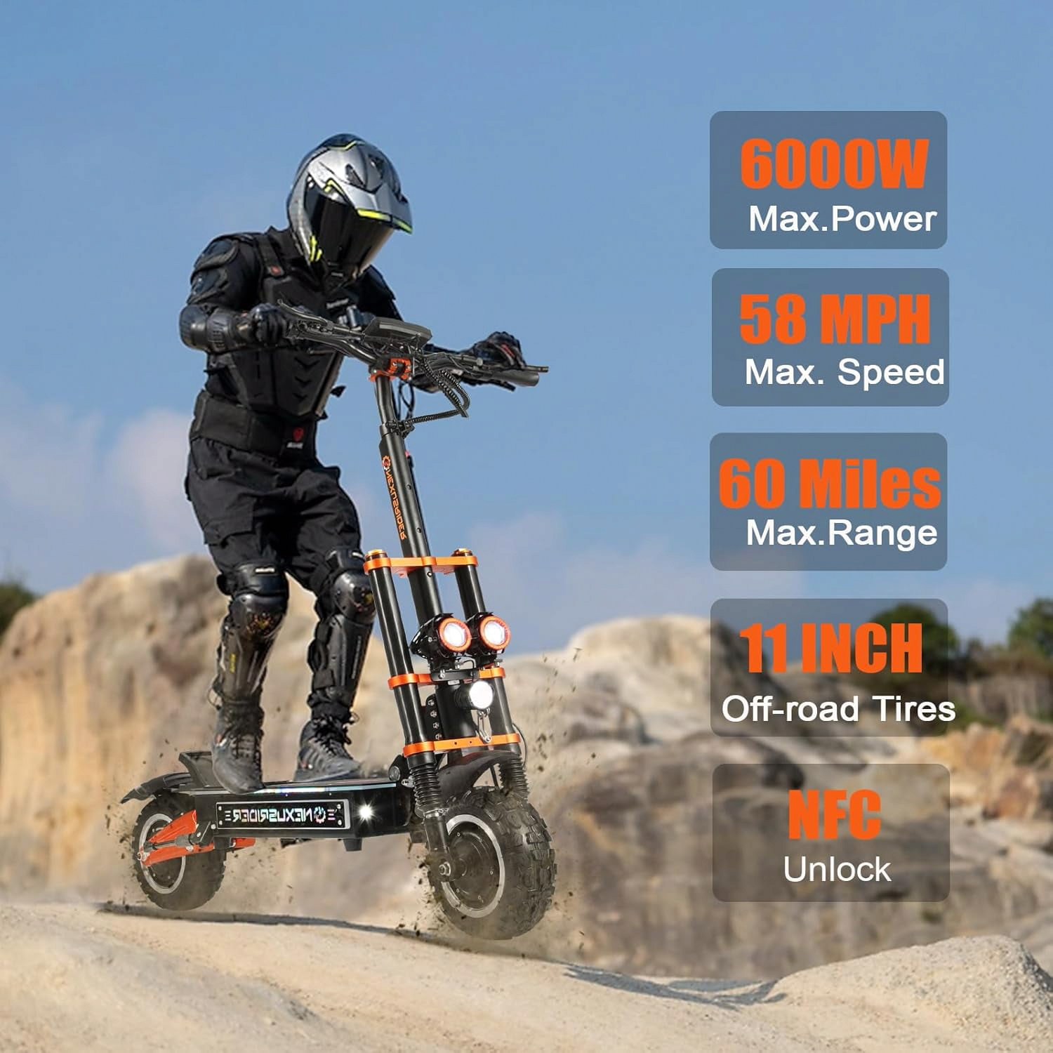 Geartist Electric Scooter for Adults, 6000W Dual Motor Off-Road Commuter, 58 MPH Max Speed, 60 Miles Range, 11-inch All-Terrain Tires (Orange, 60V 35Ah) 68db2