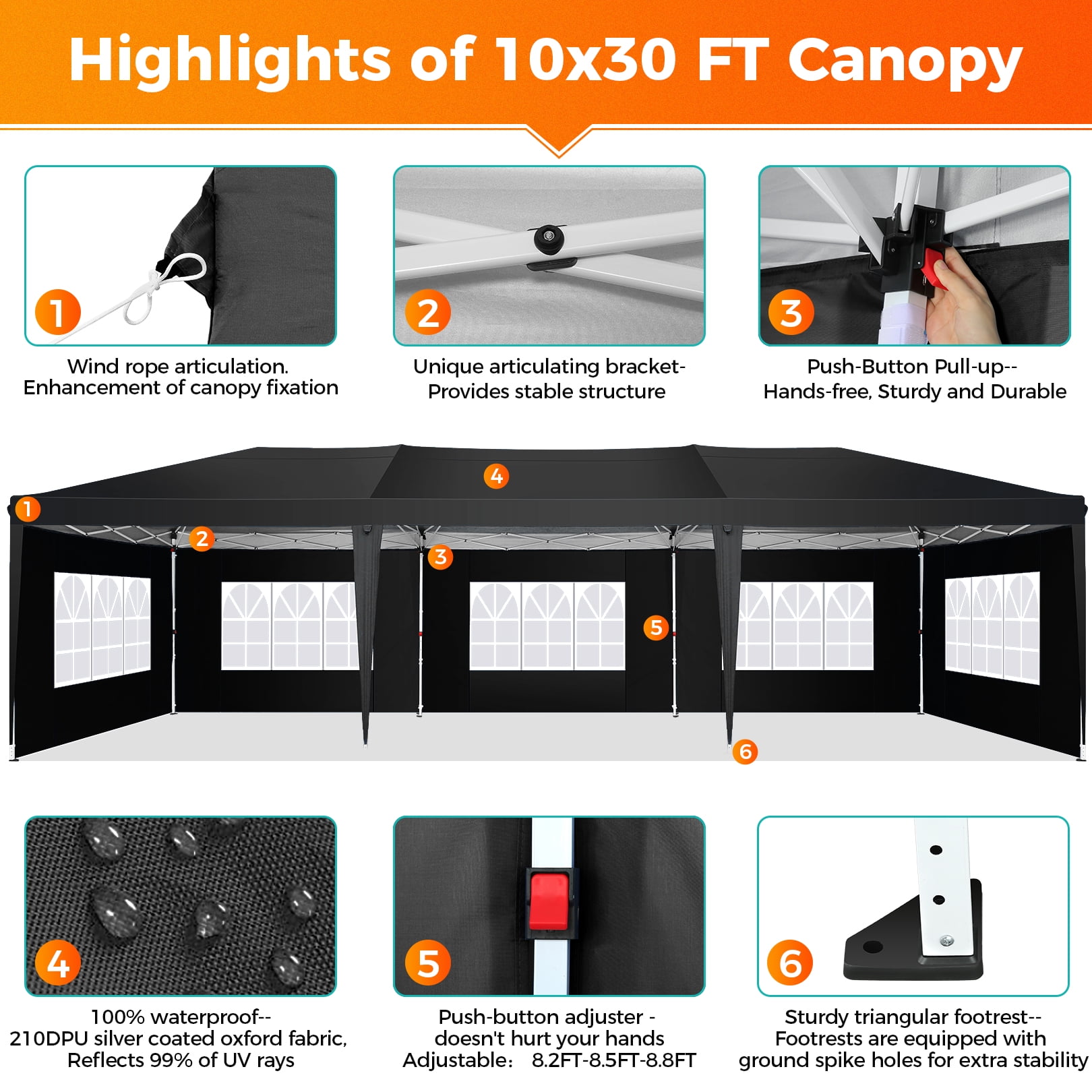 SANOPY 10 x 30 ft Pop Up Canopy Tent, Heavy-Duty Commercial Outdoor Shelter with 8 Removable Sidewalls and Carrying Bag (Black, 10 x 30 ft) oep66