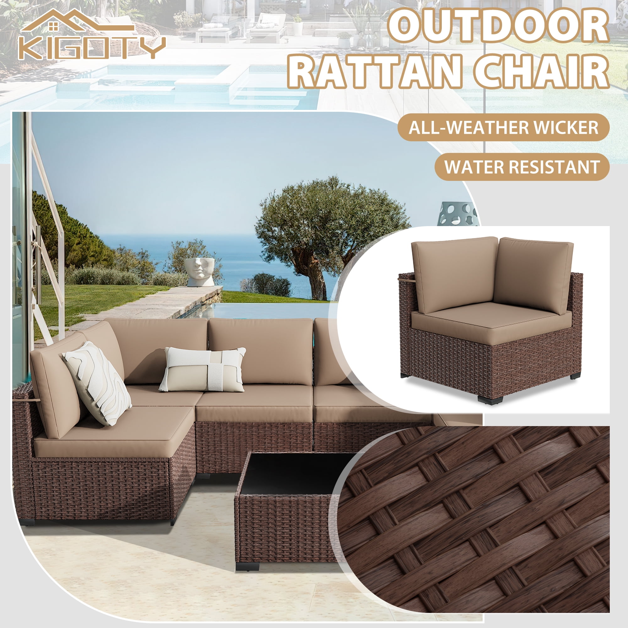 Kigoty 7-Piece Outdoor Patio Furniture Set, Wicker Rattan Sectional Sofa with Coffee Table (Brown, 7-Piece) qv5be