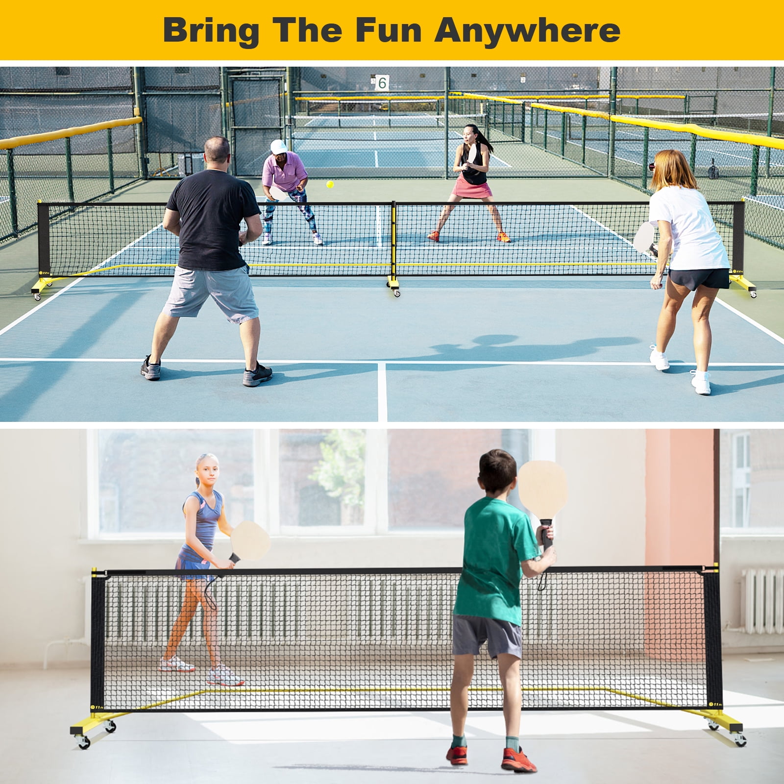 GIKPAL Portable Pickleball Net System with Wheels, Adjustable 22 ft and 11 ft Width (Yellow, 22 ft) 0638z