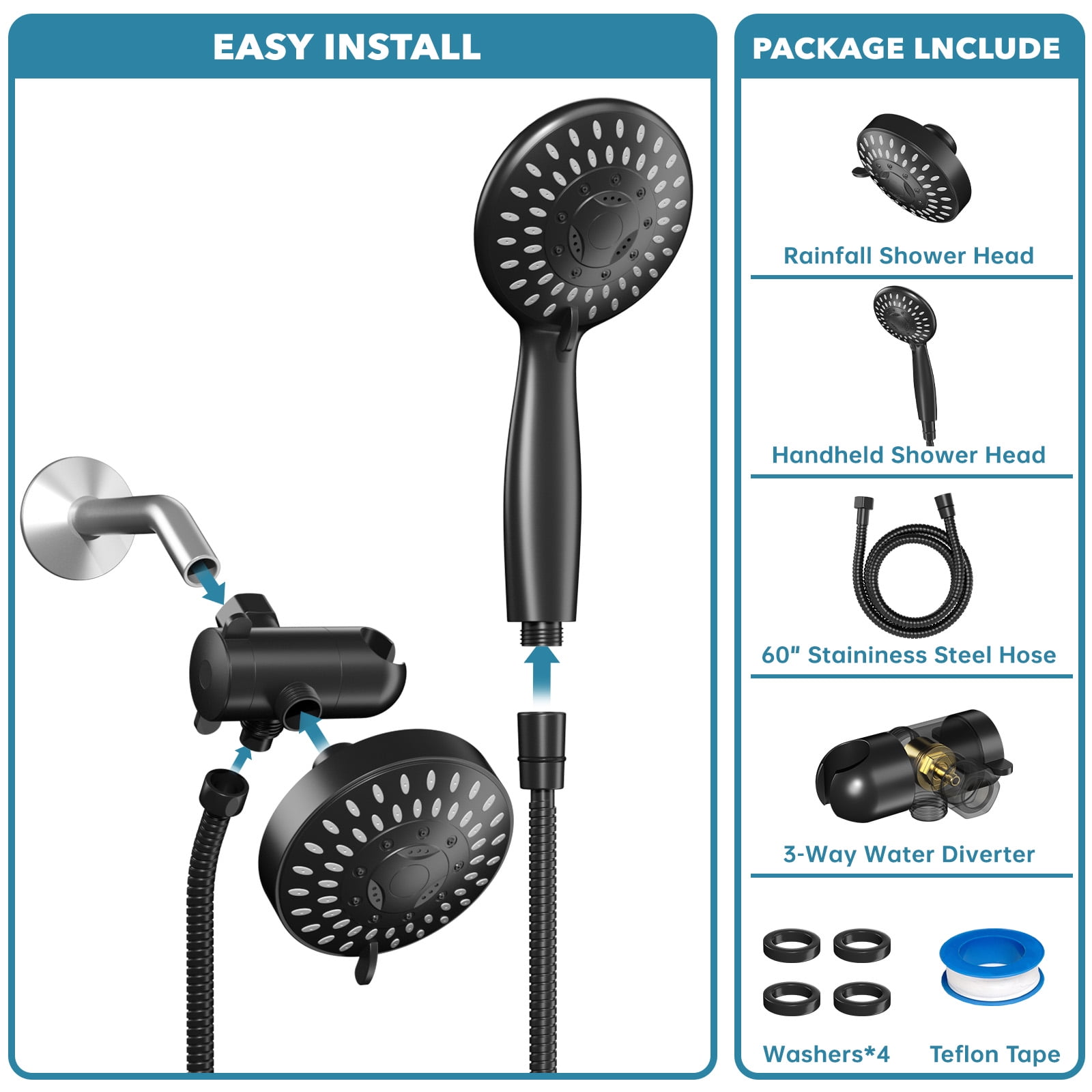 Cshidworld High Pressure Dual Shower Head Combo, 3-Way Rainfall Handheld System with 60 in Stainless Steel Hose (Matte Black) 9xue7